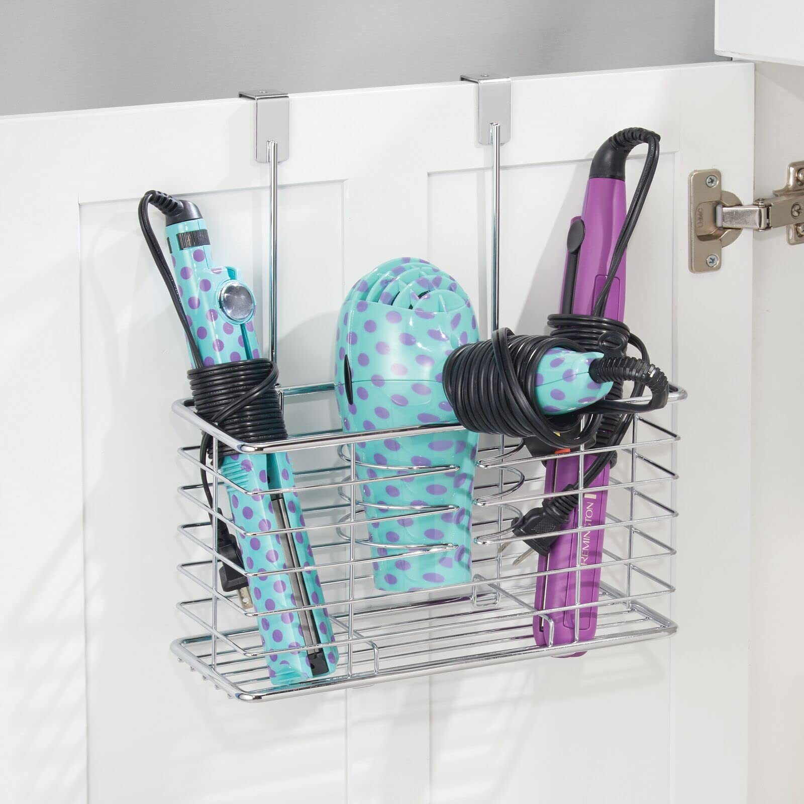 Mdesign Steel Over Cabinet Hair Dryer Holder Storage, Chrome, 5.2In X 10.2In X 12.3In