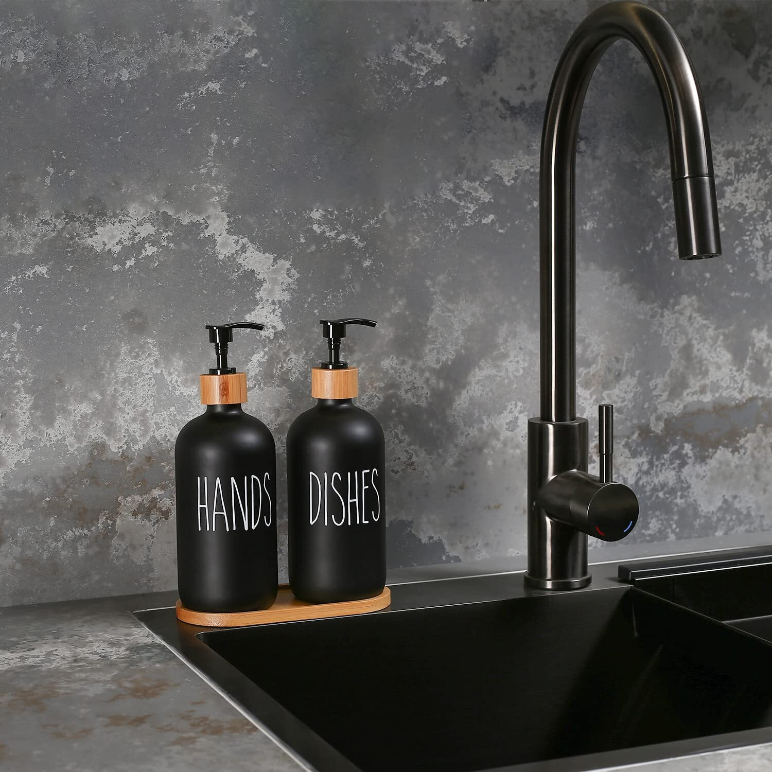 Momeemo Matte Black Glass Soap Dispenser Set - Hand And Dish Soap Dispensers Suitable For Rustic Kitchen Decor (Black)