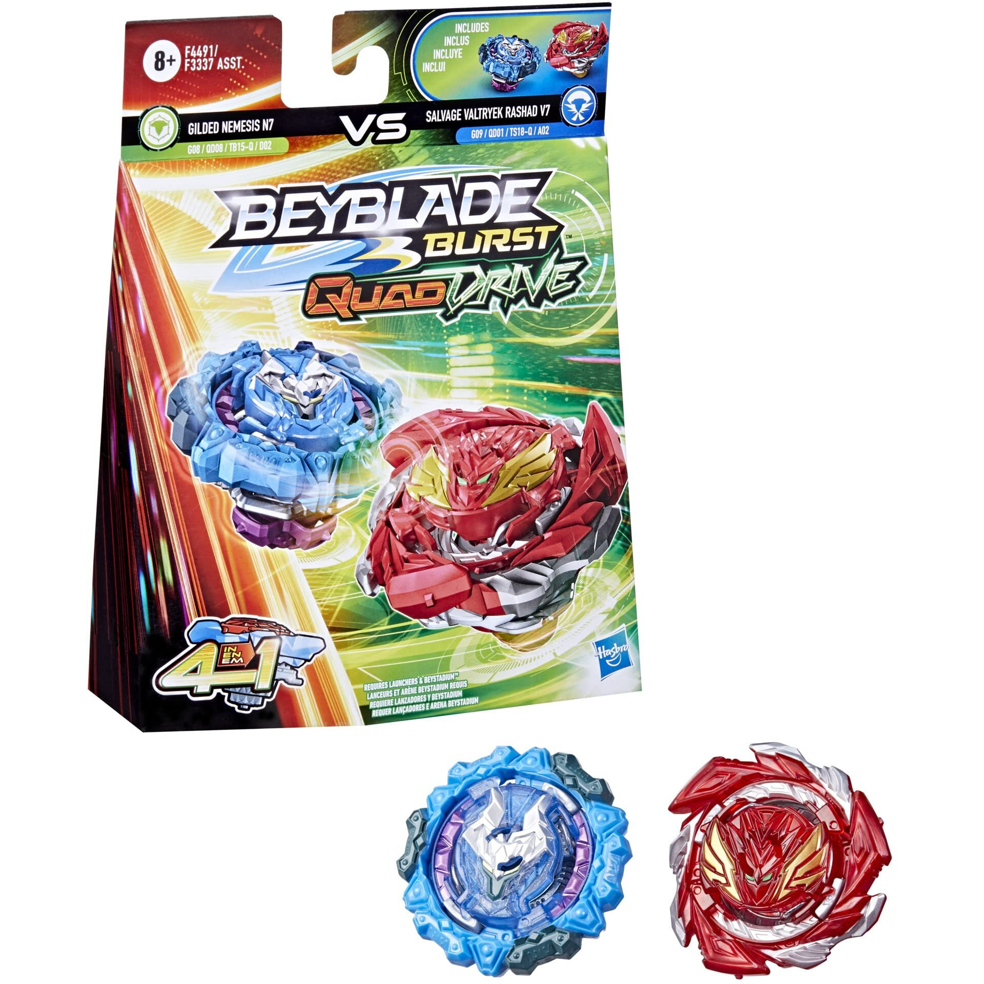Beyblade Burst Quaddrive Salvage Valtryek Rashad V7 And Gilded Nemesis N7 Spinning Top Dual Pack -- 2 Battling Game Top Toy For Kids Ages 8 And Up