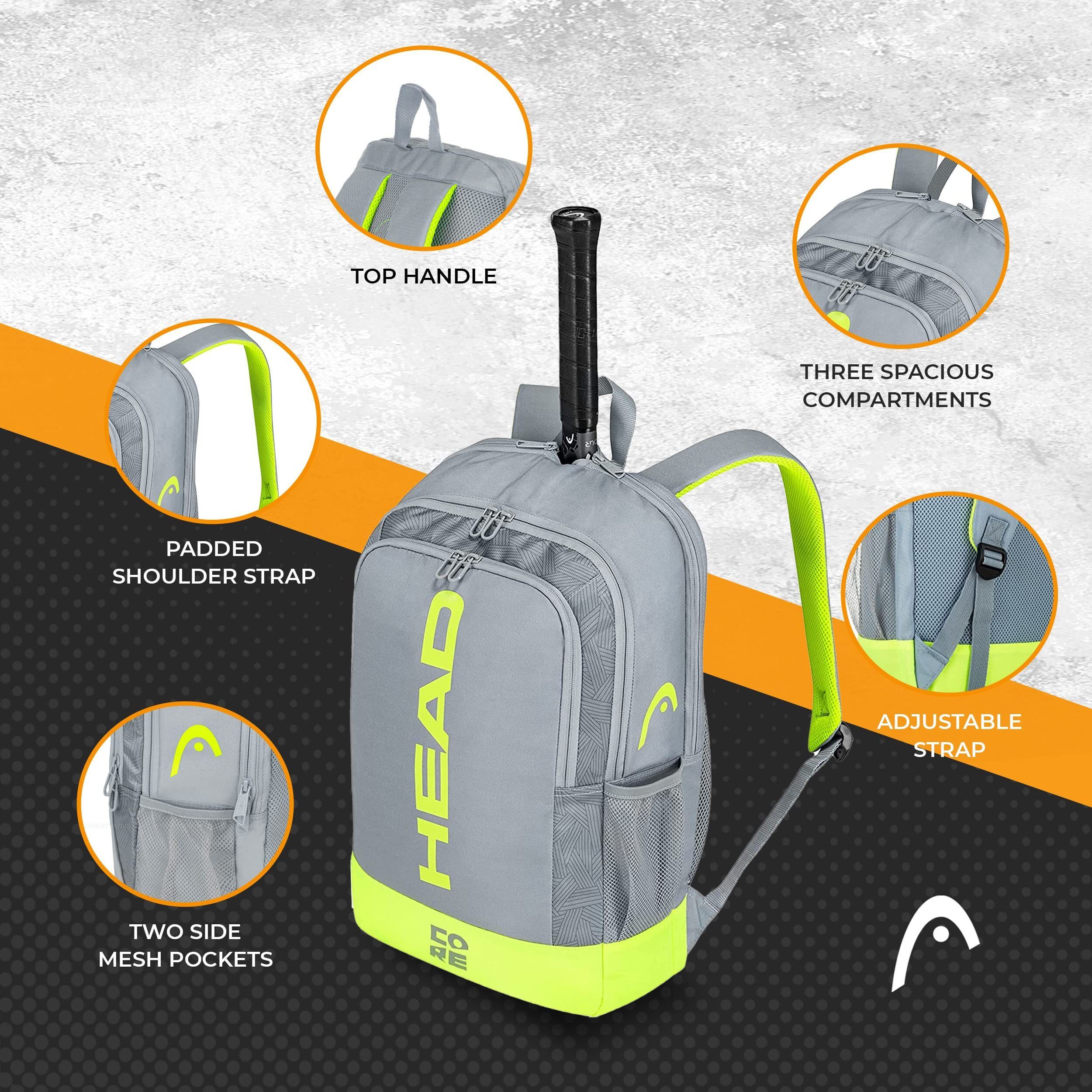 Head Core Tennis Backpack - 2 Racquet Carrying Bag W/Padded Shoulder Straps / Grey/Yellow / Large