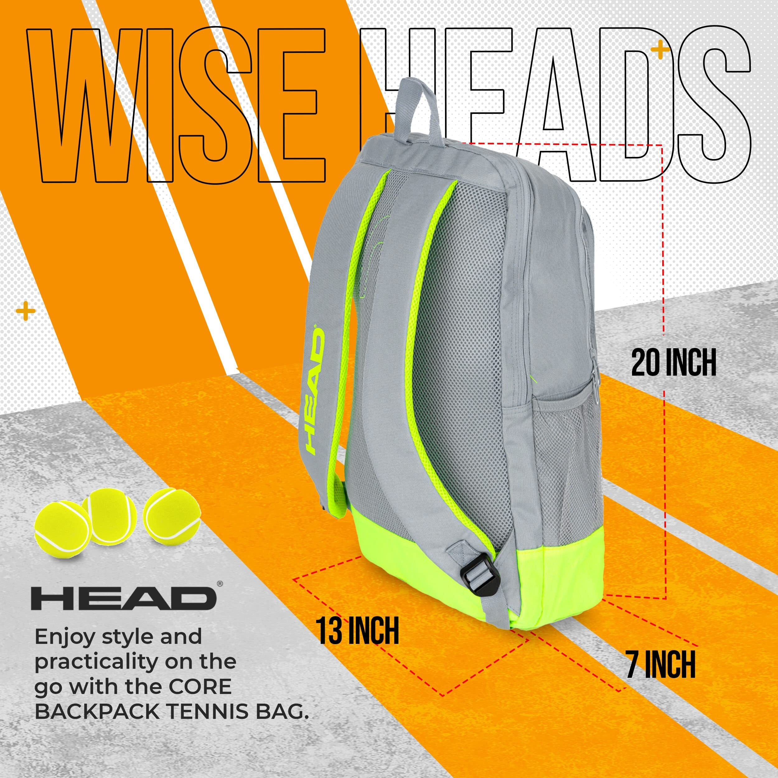 Head Core Tennis Backpack - 2 Racquet Carrying Bag W/Padded Shoulder Straps / Grey/Yellow / Large