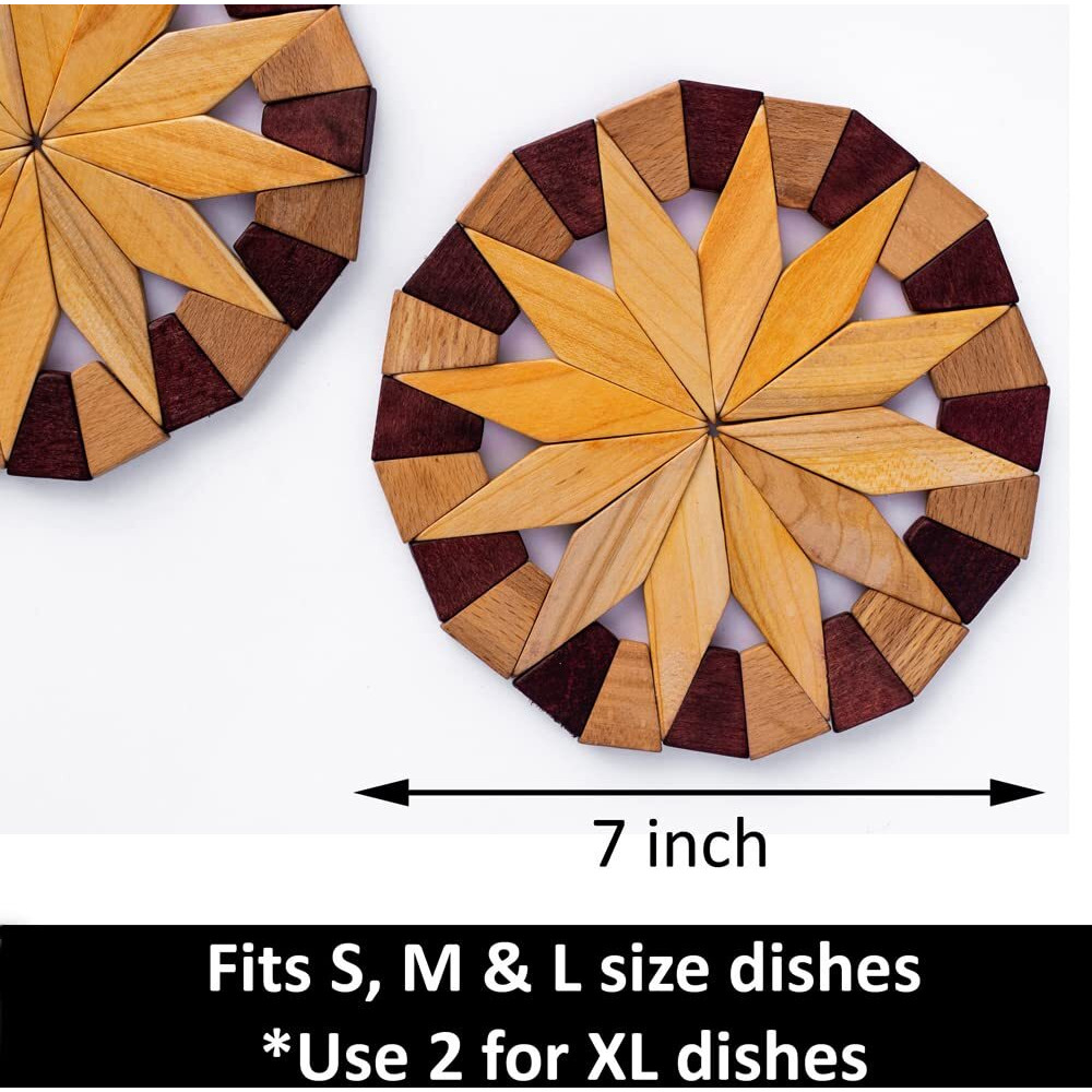 Ecosall Natural Wood Trivets For Hot Dishes, Table And Kitchen Counter Set Of 2 - Made In Ukraine Sturdy And Durable 7-Inch Wooden Kitchen Hot Pads. Festive Design Table D  Cor - Kitchen Gift Idea