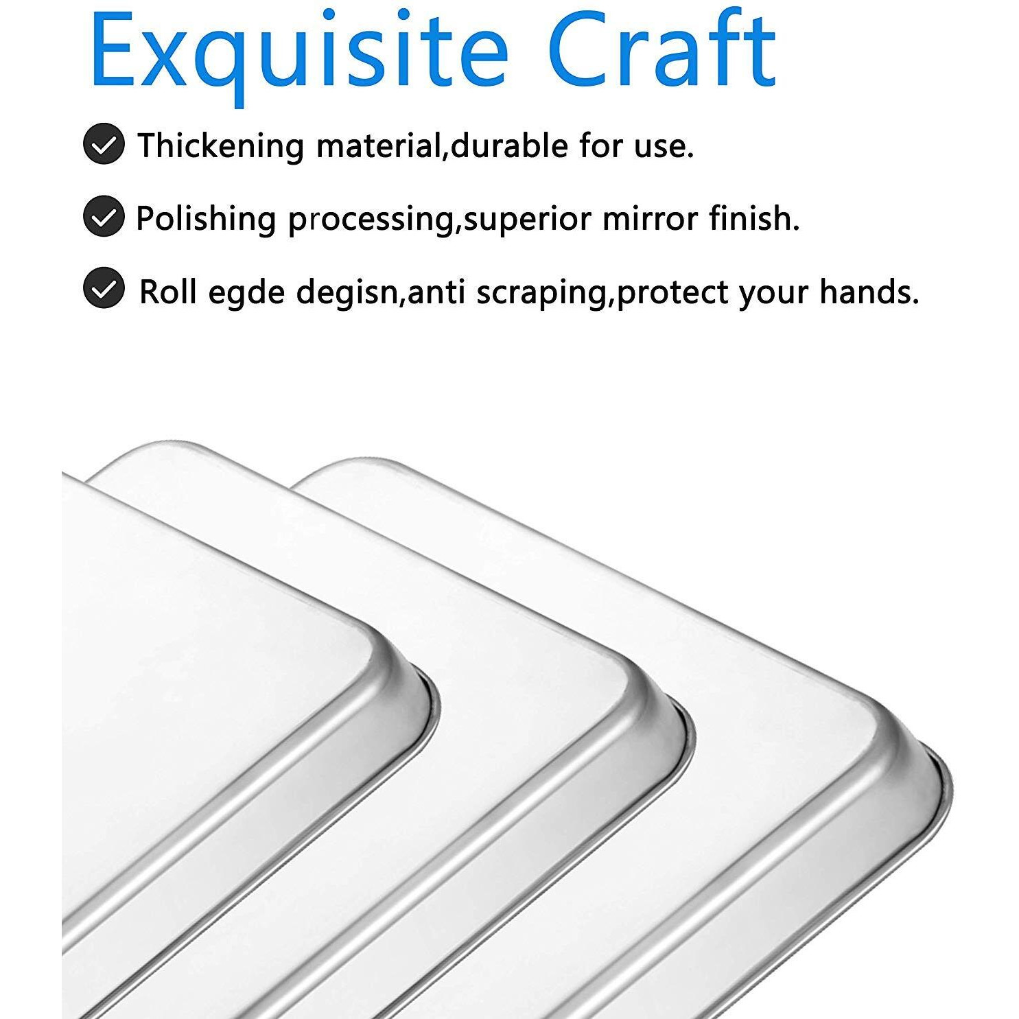 Cookie Sheet Baking Sheet Set Of 3, Bastwe Commercial Grade Stainless Steel Baking Pan, Professional Bakeware Oven Tray, Healthy & Non-Toxic, Rust Free & Mirror Finish, Easy Clean & Dishwasher Safe