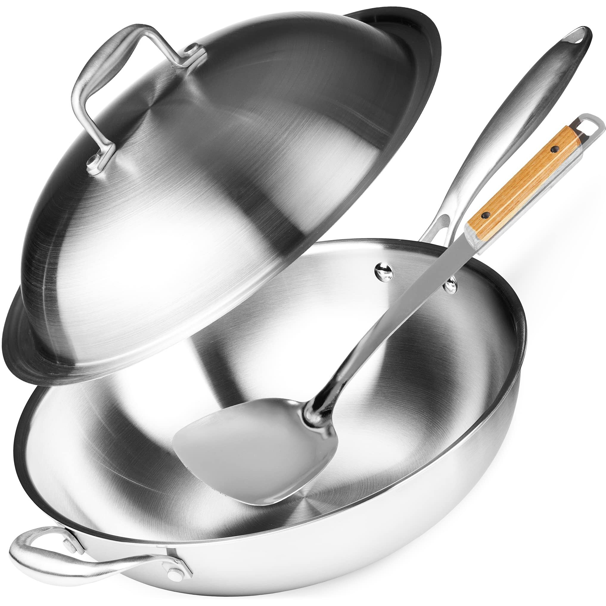 Willow & Everett Wok Pan - Non-Stick Stainless Steel Stir Fry Pans With Domed Lid & Spatula - Scratch Proof Cookware For Gas, Induction Or Electric Stove