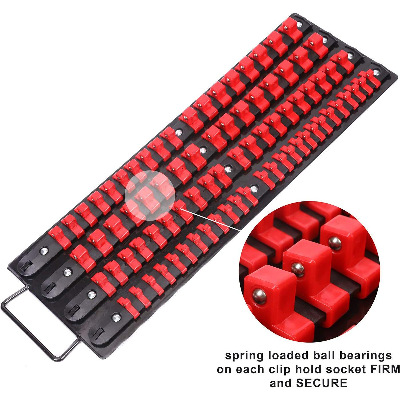 Casoman 80-Piece Portable Socket Organizer Tray, 1/4-Inch, 3/8-Inch, 1/2-Inch,Heavy Duty Socket Rail, Black Rails With Red Clips