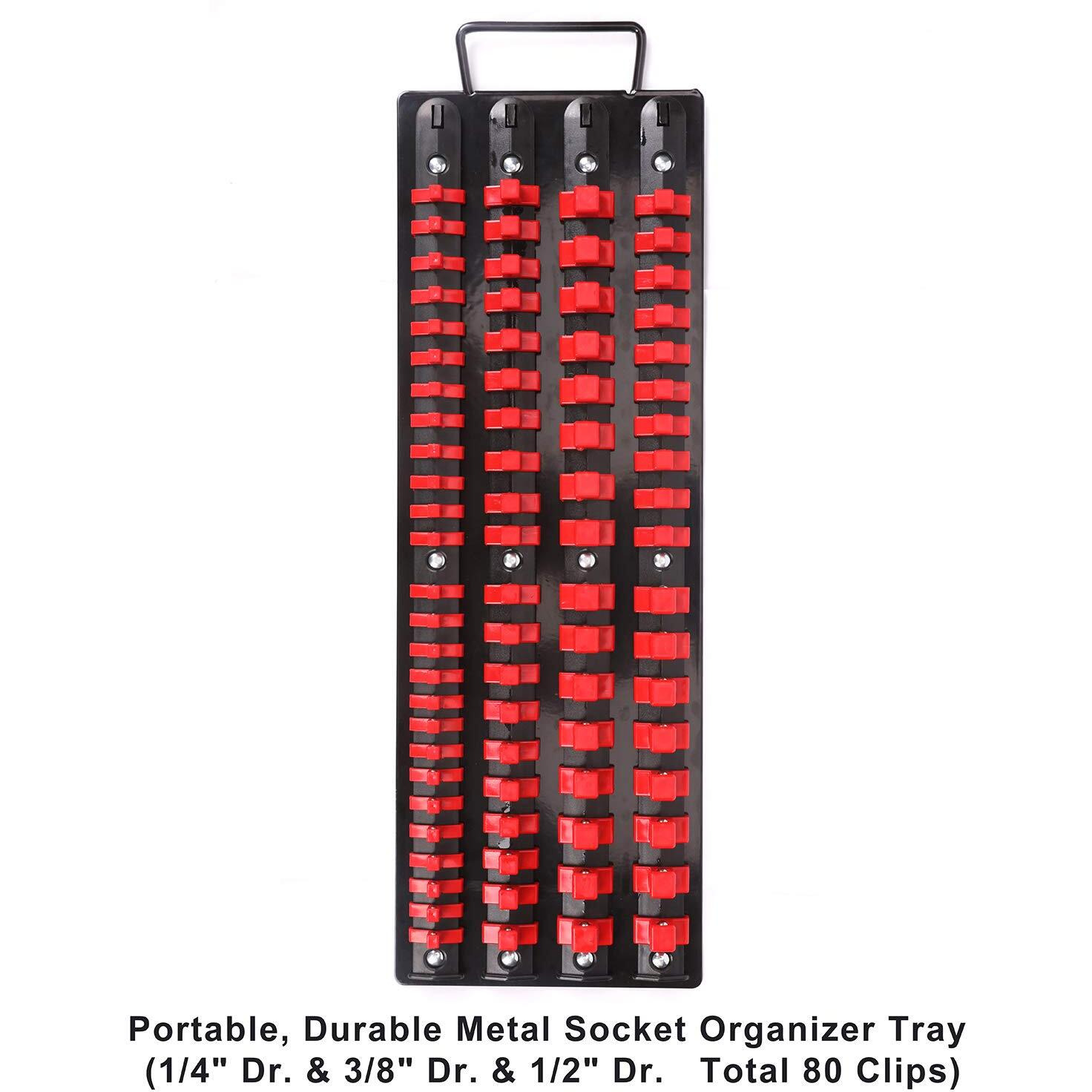 Casoman 80-Piece Portable Socket Organizer Tray, 1/4-Inch, 3/8-Inch, 1/2-Inch,Heavy Duty Socket Rail, Black Rails With Red Clips