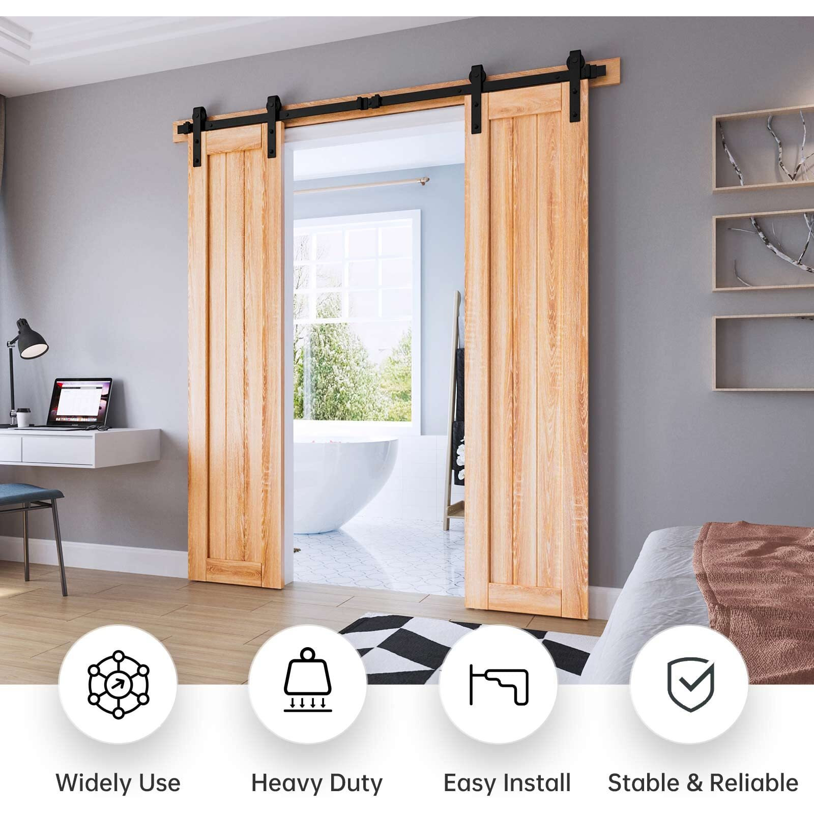 Easelife 6.6 Ft Double Door Sliding Barn Door Hardware Track Kit,Basic J Pulley,Heavy Duty,Slide Smoothly Quietly,Easy Install (6.6Ft Track Kit For Double 20"" Wide Door)
