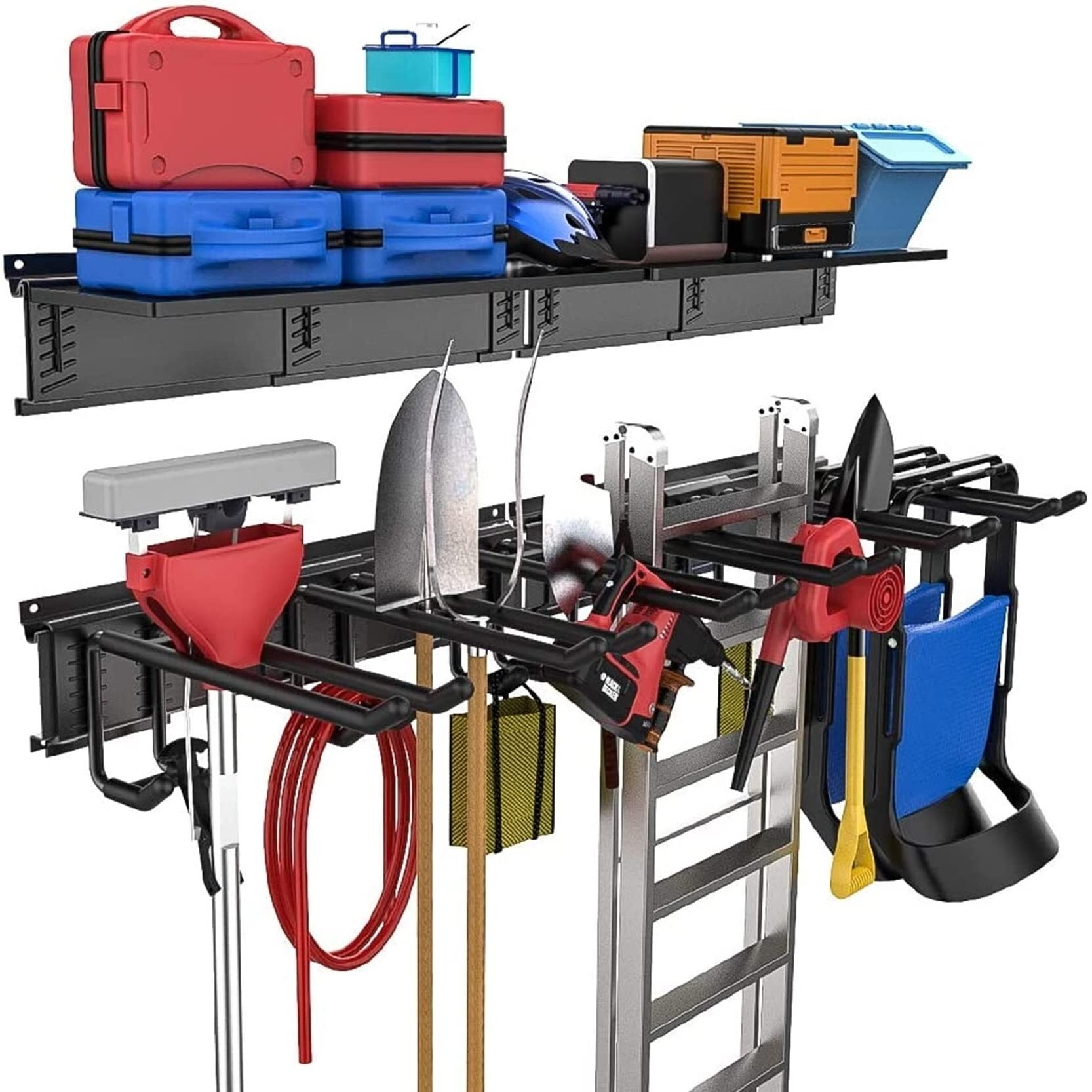 Torack Garage Storage Organizer Systems, Wall Mount Overhead Shelving, 48 Inch Heavy Duty Steel Tool Racks, 6-Pack 12'' Double Hooks, 48 Inch By 7 Inch Floating Shelves, Up To 1200Ibs