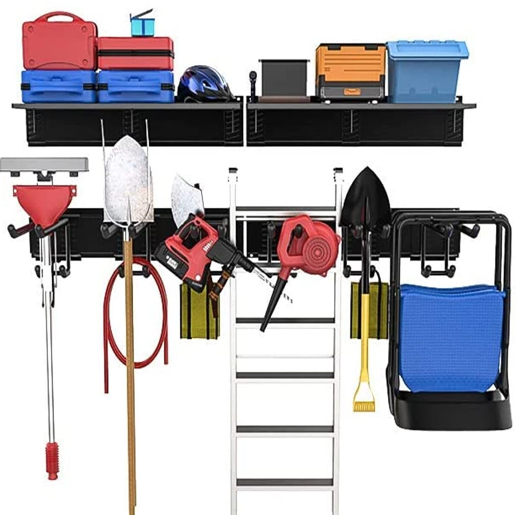 Torack Garage Storage Organizer Systems, Wall Mount Overhead Shelving, 48 Inch Heavy Duty Steel Tool Racks, 6-Pack 12'' Double Hooks, 48 Inch By 7 Inch Floating Shelves, Up To 1200Ibs