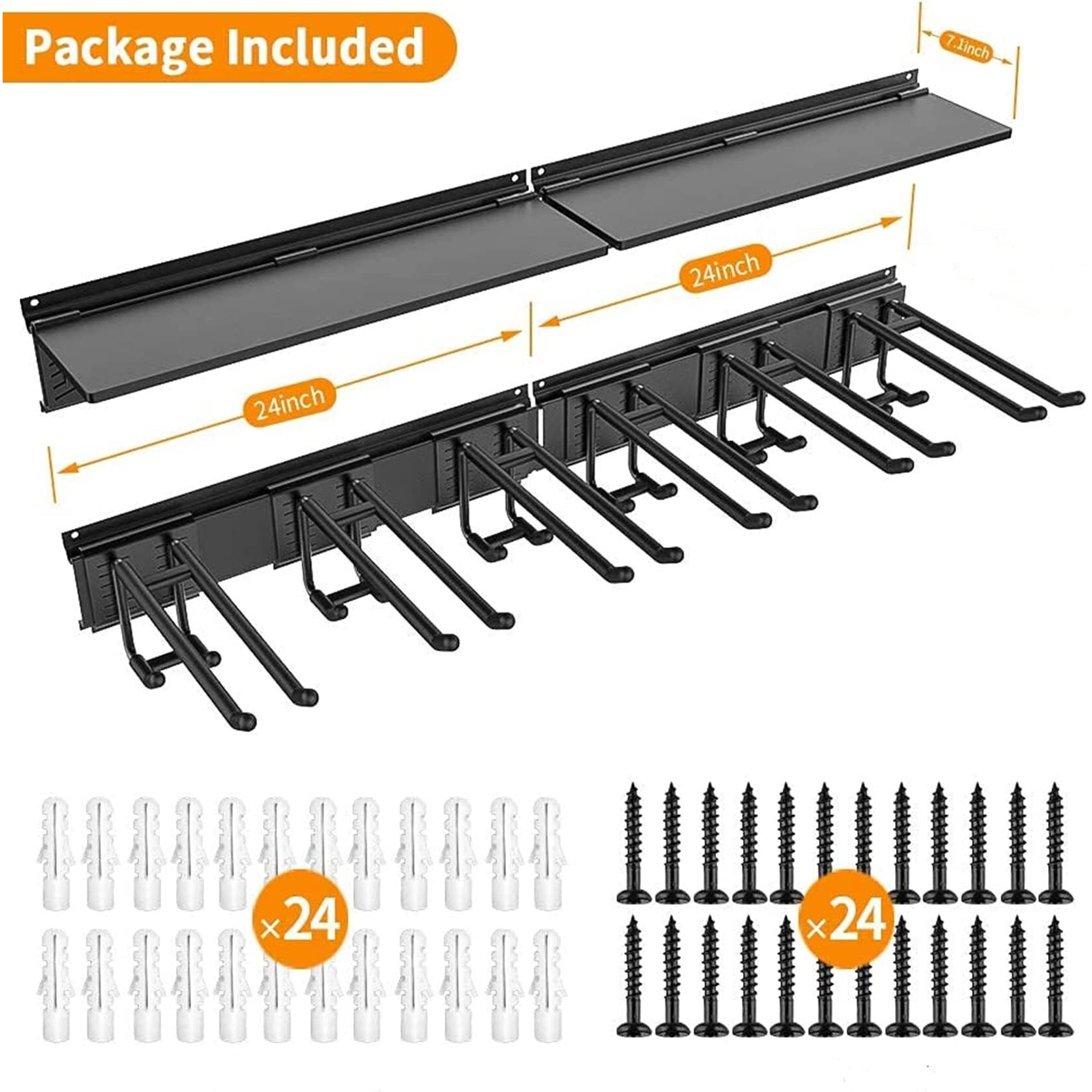 Torack Garage Storage Organizer Systems, Wall Mount Overhead Shelving, 48 Inch Heavy Duty Steel Tool Racks, 6-Pack 12'' Double Hooks, 48 Inch By 7 Inch Floating Shelves, Up To 1200Ibs