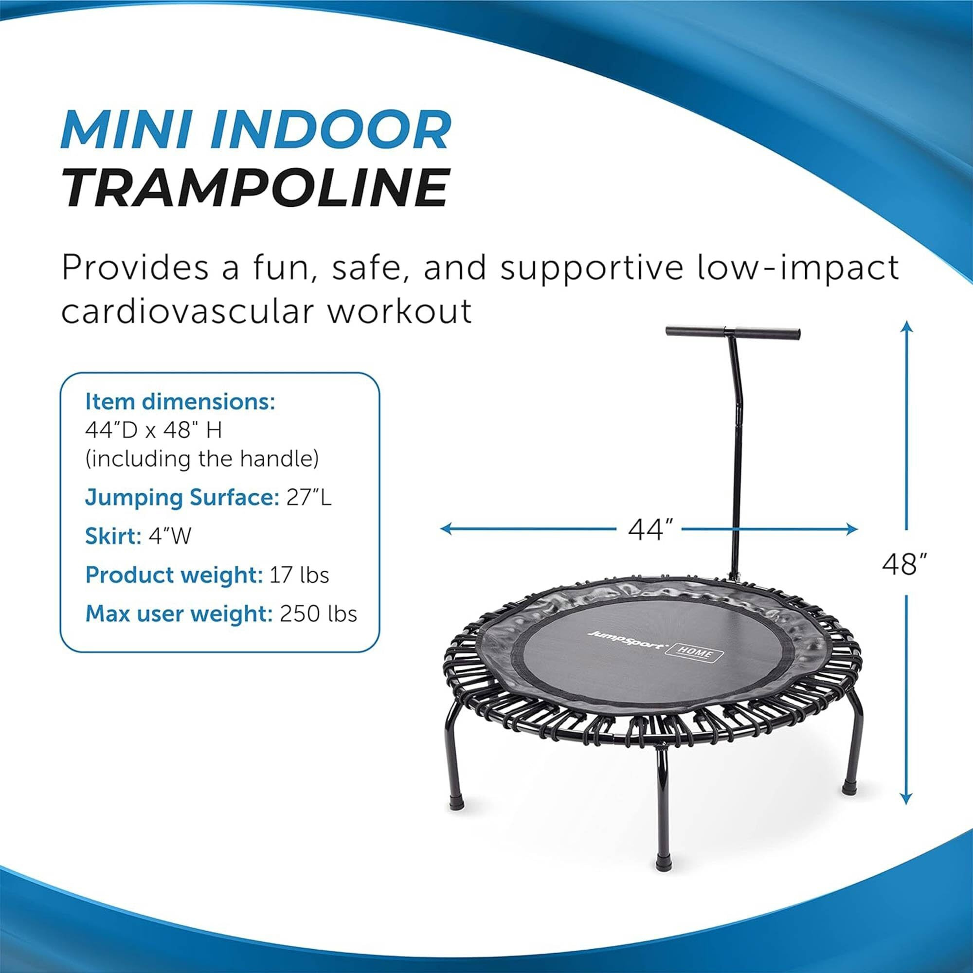 Jumpsport Compact Round Lightweight 22 Pound Stable Bounce Home And Gym Fitness Indoor Mini Rebounder Trampoline For Adults, Black