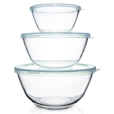 Luvan Glass Mixing Bowl With Lids Set(4.5Qt,2.7Qt,1.1Qt), 3Pc Large Glass Mixing Bowls Set, Glass Nesting Bowls, Clear Salad Mixing Bowl For Kitchen, Storage, Cooking, Baking, Prepping,Dishwasher Safe