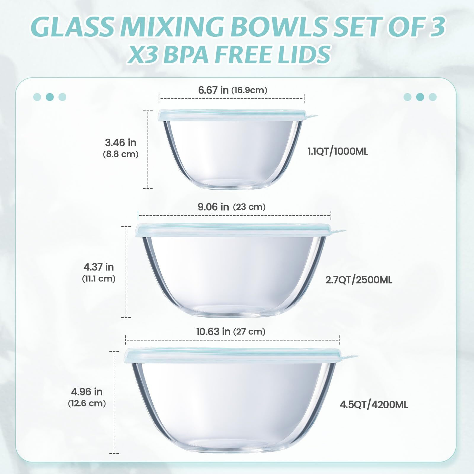 Luvan Glass Mixing Bowl With Lids Set(4.5Qt,2.7Qt,1.1Qt), 3Pc Large Glass Mixing Bowls Set, Glass Nesting Bowls, Clear Salad Mixing Bowl For Kitchen, Storage, Cooking, Baking, Prepping,Dishwasher Safe