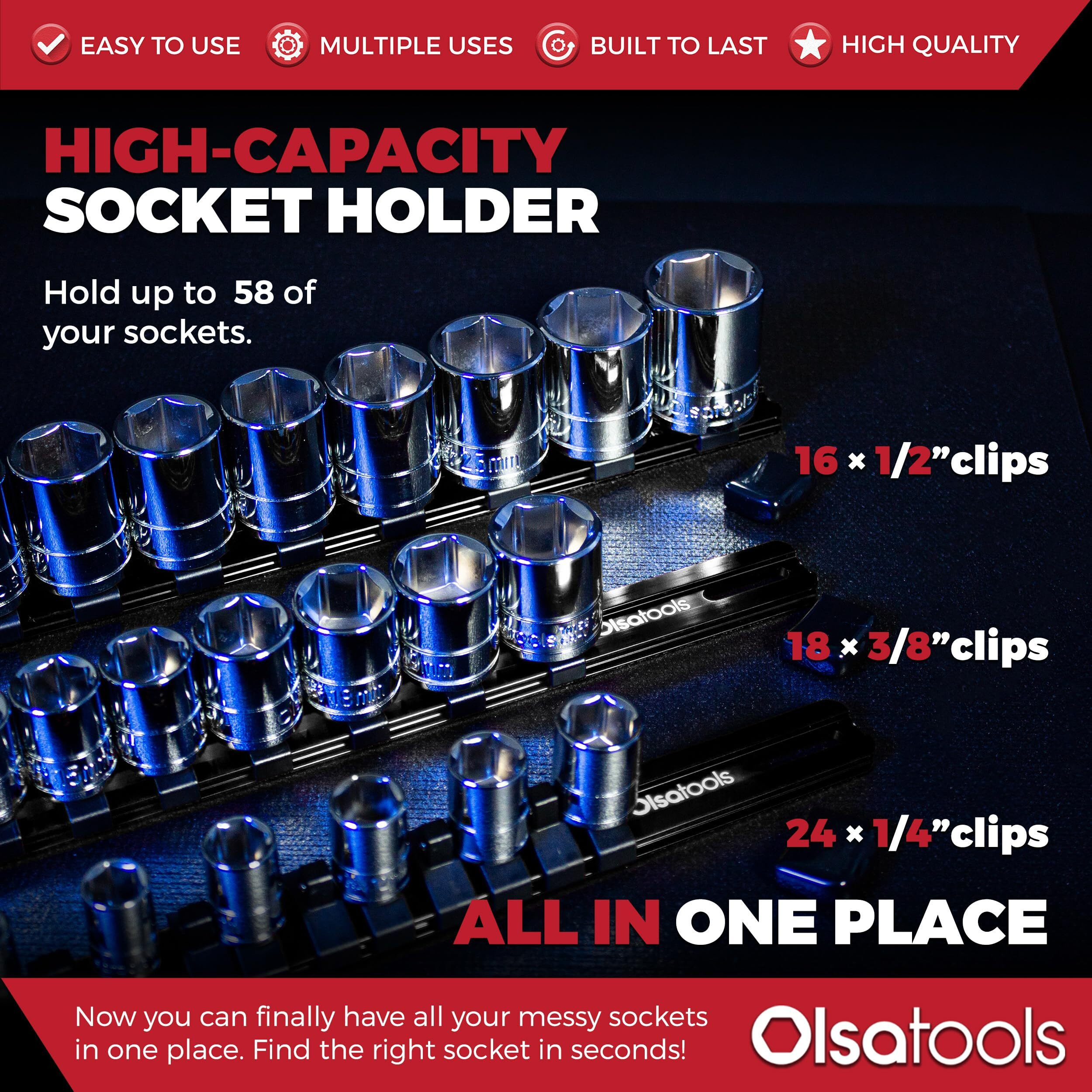 Olsa Tools Socket Organizer Set (3Pc, Black) - Socket Holder And Socket Rail For 1/2-Inch, 3/8-Inch, And 1/4-Inch Drive Sockets - Holds 58 Chrome Or Impact Sockets - Professional-Grade - Part 1023