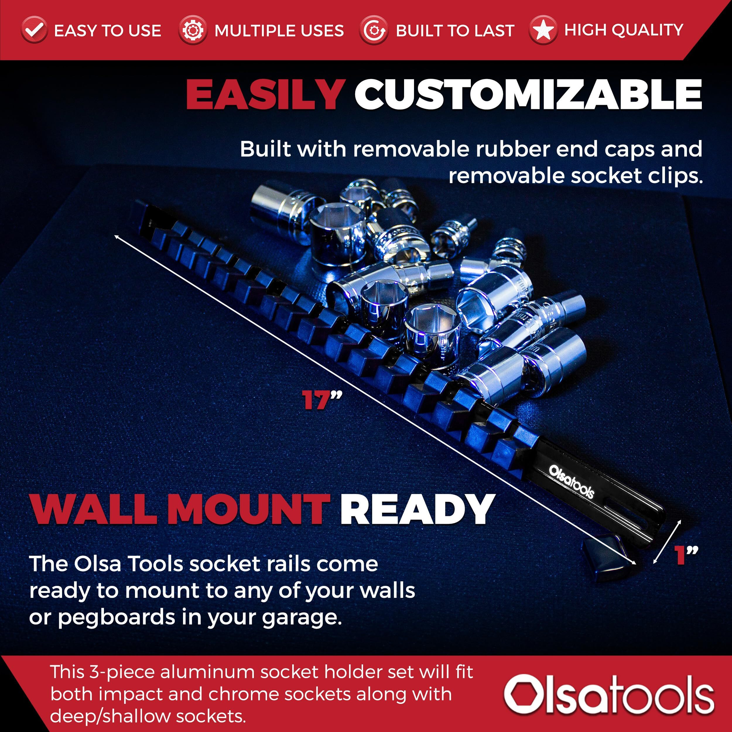 Olsa Tools Socket Organizer Set (3Pc, Black) - Socket Holder And Socket Rail For 1/2-Inch, 3/8-Inch, And 1/4-Inch Drive Sockets - Holds 58 Chrome Or Impact Sockets - Professional-Grade - Part 1023
