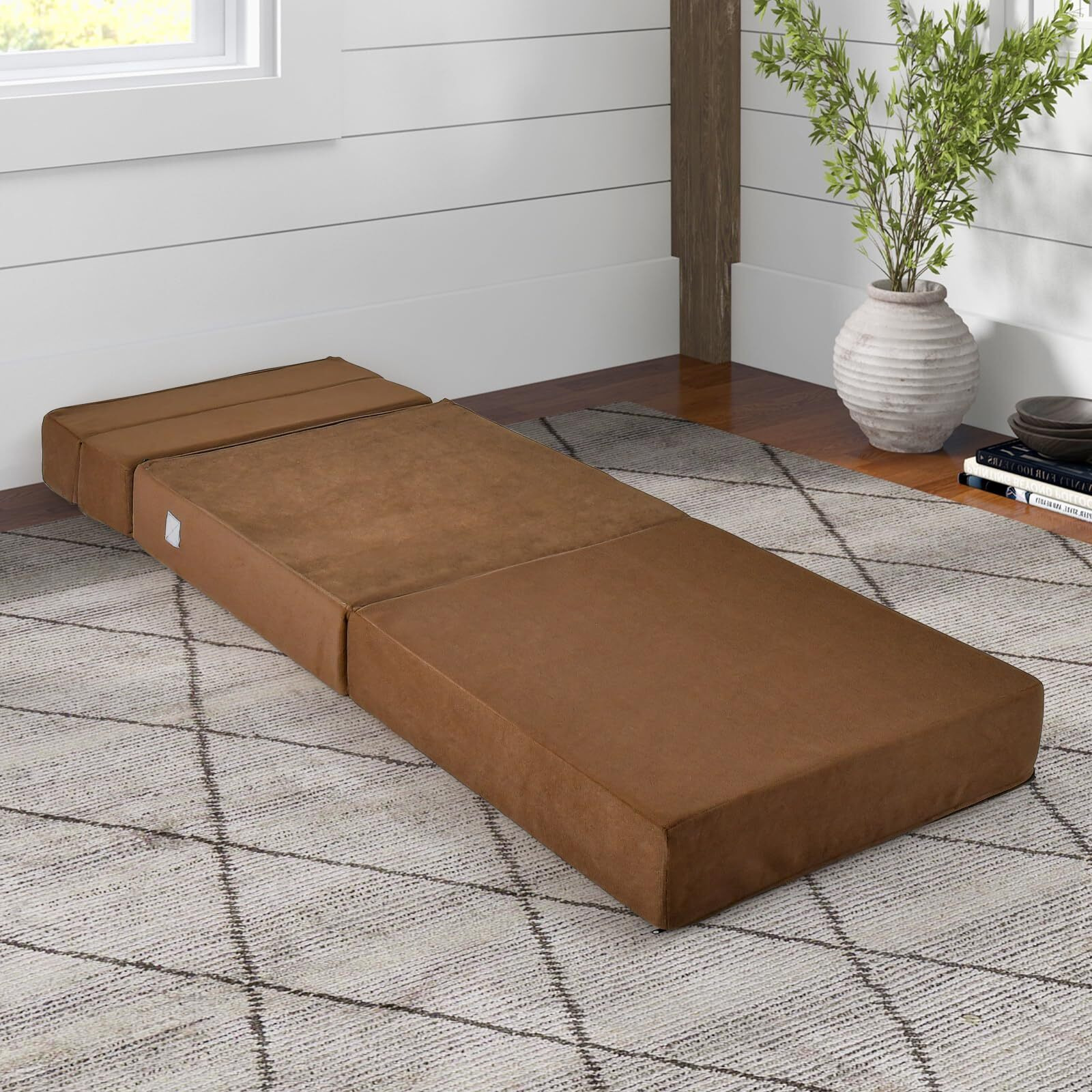 Moccha Folding Sofa Bed, Fold Down Sleeper High Density Foam With Washable Cover, Fixed Magic Stick, Convertible Upholstered Guest Sleeper, Modern Lounge Chaise Bedroom, Living Room, Office (Brown)