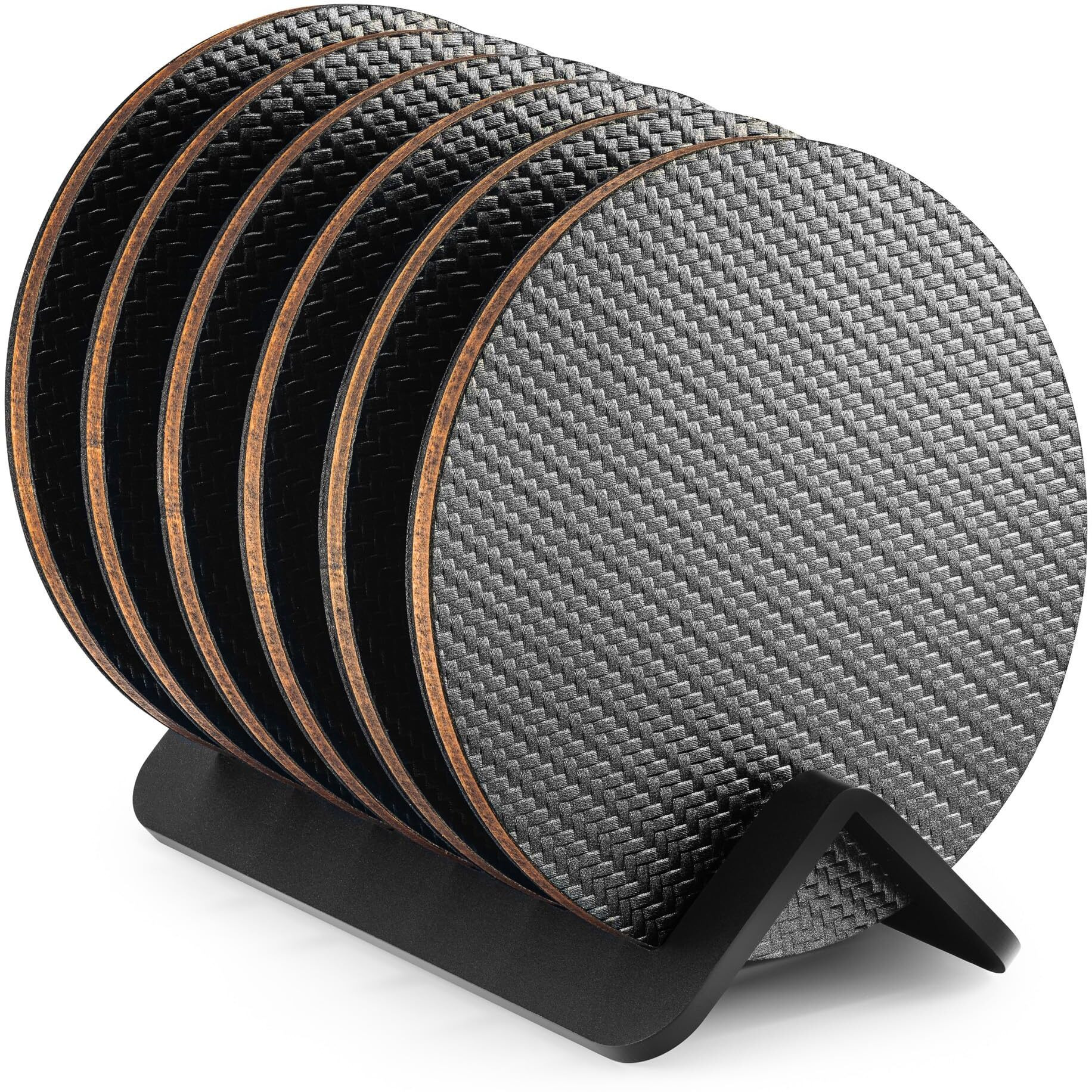 Modern Coasters For Drinks With Holder | 6 Premium Carbon Coasters In Classy Geometric Design | Protect Furniture | Unique Gift In Luxury Gift Box (Dark Gray)