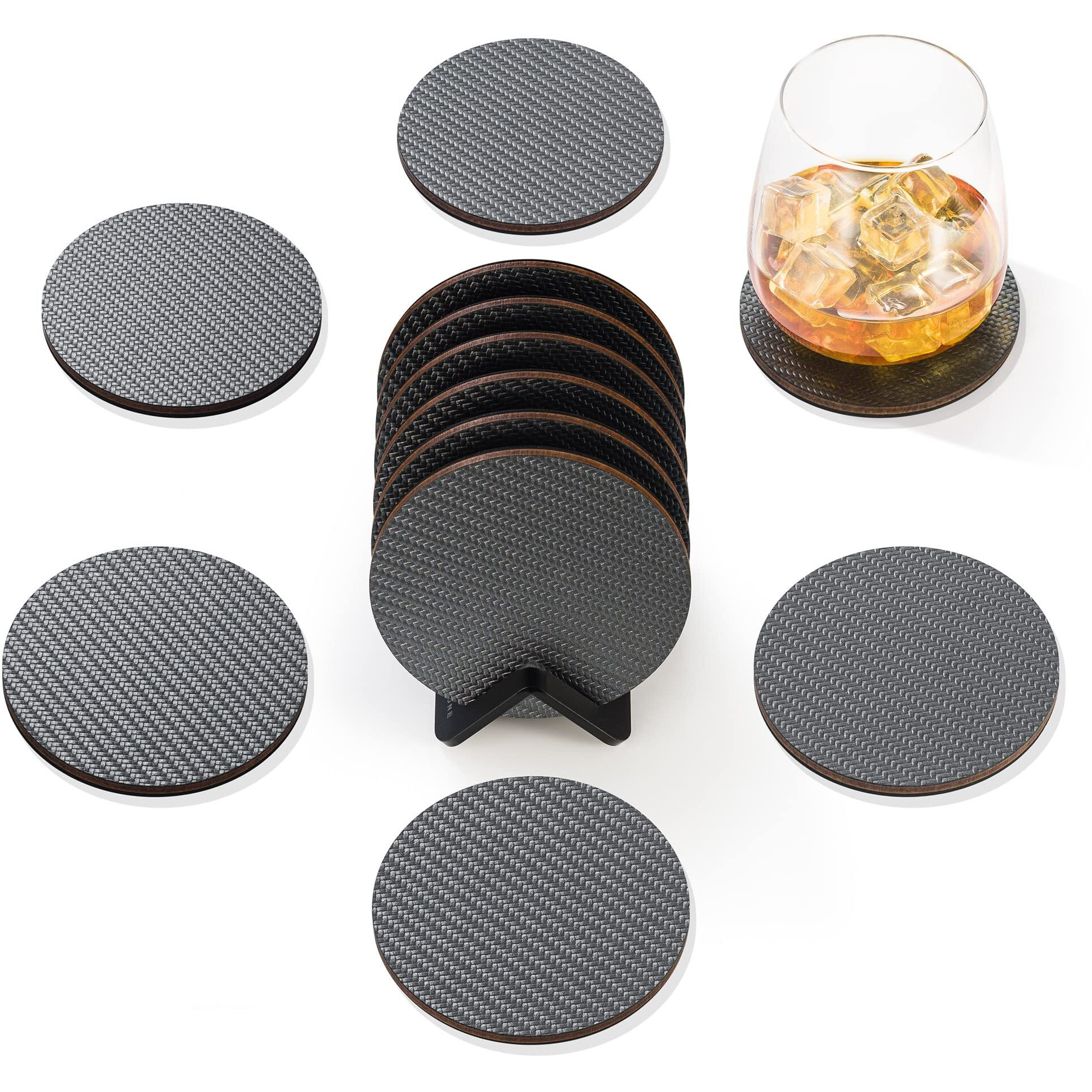 Modern Coasters For Drinks With Holder | 6 Premium Carbon Coasters In Classy Geometric Design | Protect Furniture | Unique Gift In Luxury Gift Box (Dark Gray)