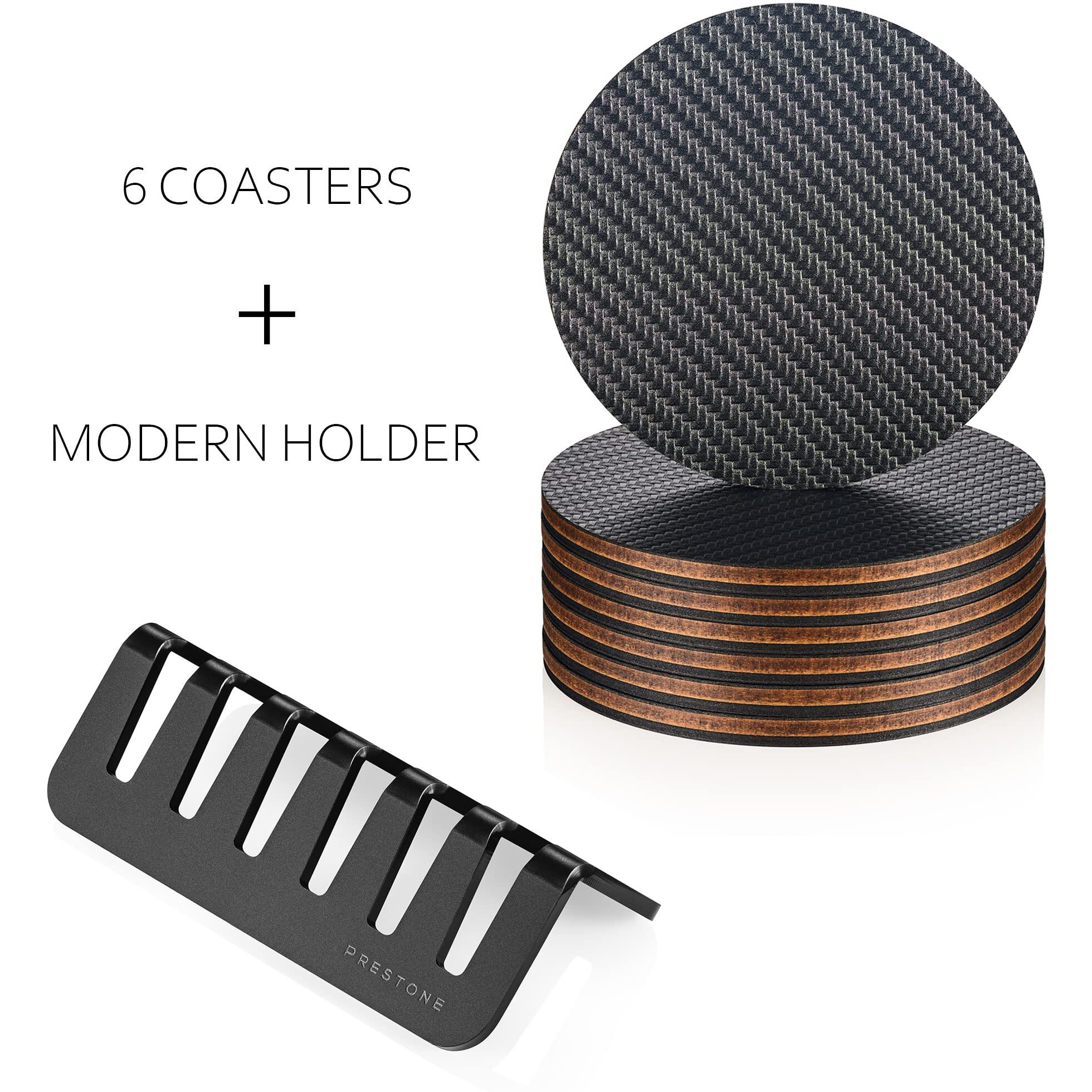 Modern Coasters For Drinks With Holder | 6 Premium Carbon Coasters In Classy Geometric Design | Protect Furniture | Unique Gift In Luxury Gift Box (Dark Gray)