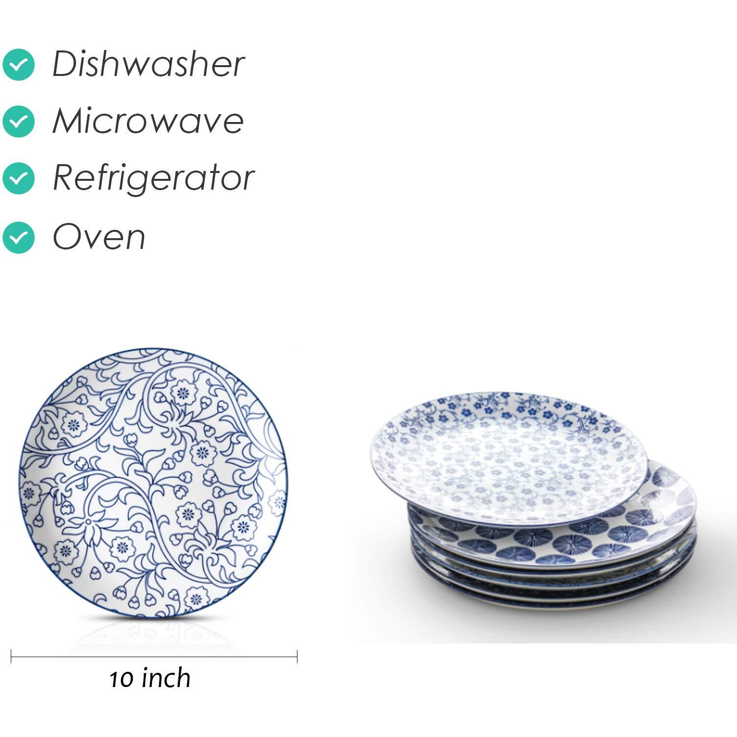 Selamica 10 Inch Porcelain Dinner Plates, Large Size Serving Plate For Salad, Pancakes, Steak, Set Of 6, Vintage Blue