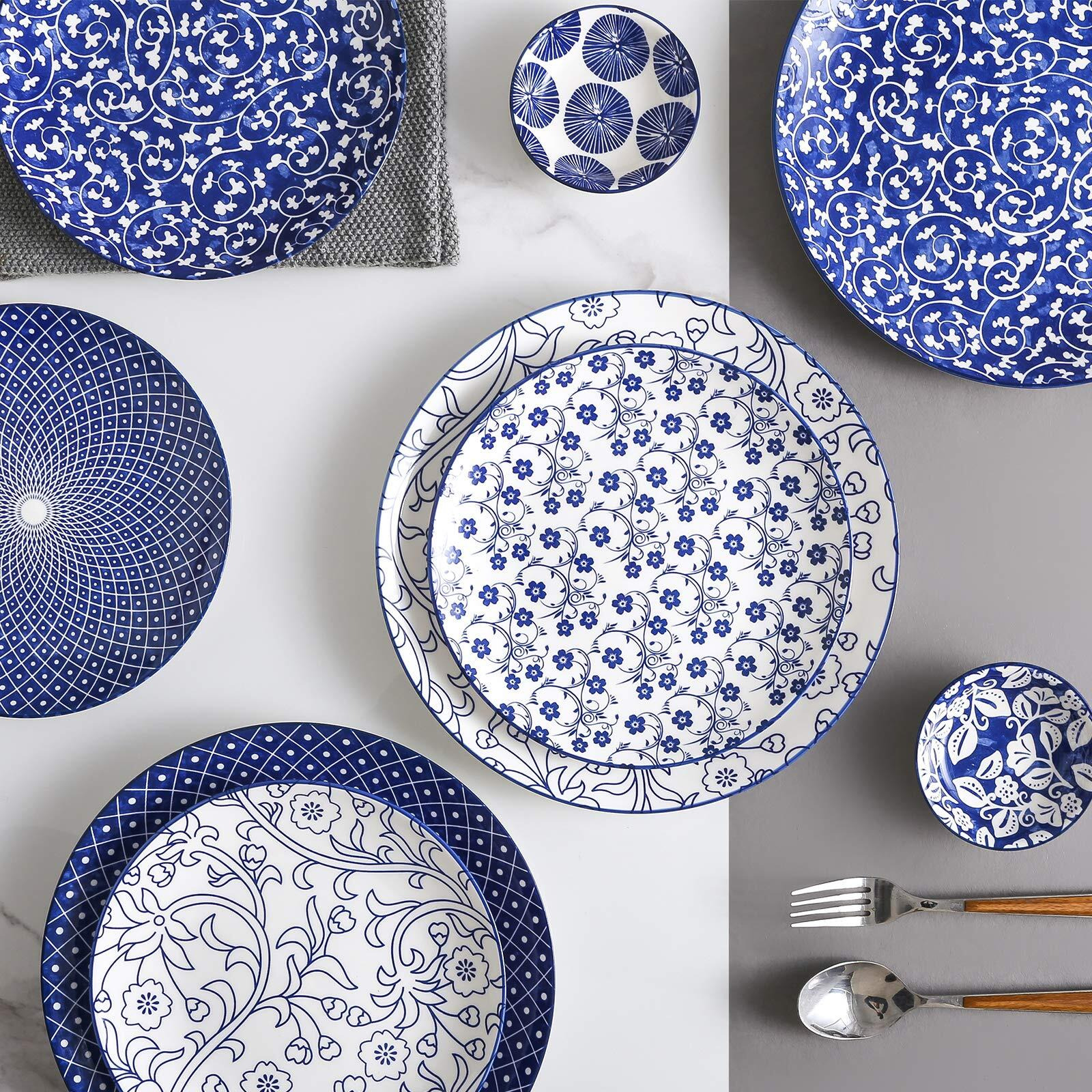 Selamica 10 Inch Porcelain Dinner Plates, Large Size Serving Plate For Salad, Pancakes, Steak, Set Of 6, Vintage Blue