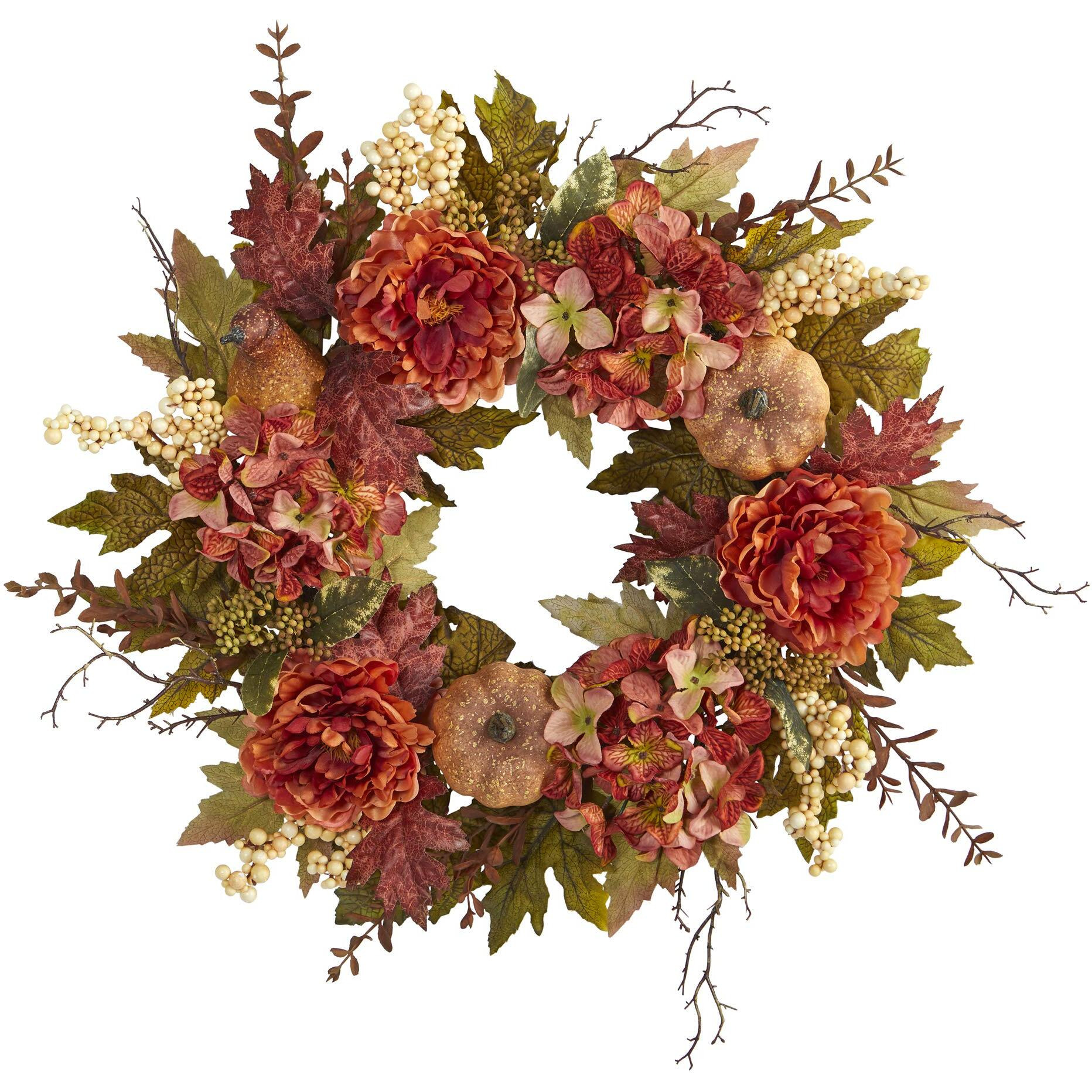 Nearly Natural 24In. Peony, Hydrangea And Pumpkin Fall Artificial Wreath