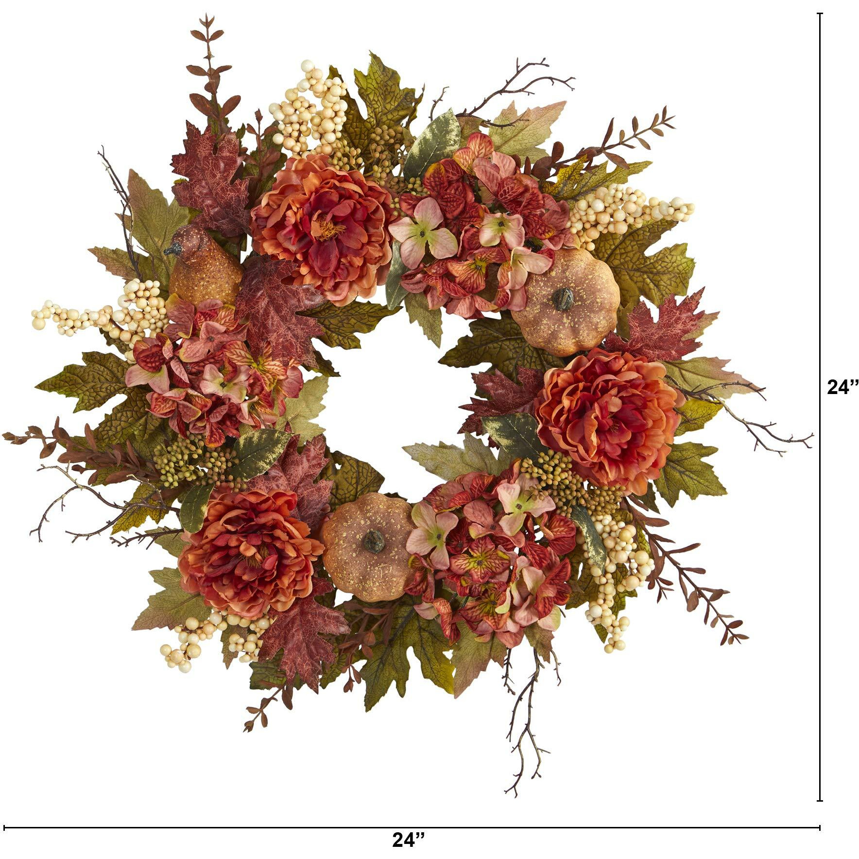 Nearly Natural 24In. Peony, Hydrangea And Pumpkin Fall Artificial Wreath