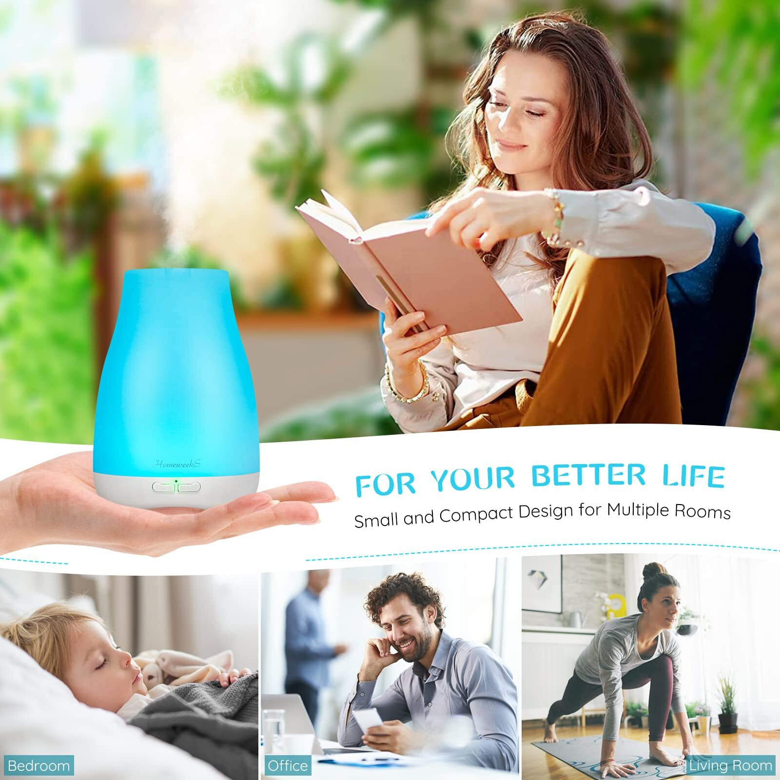 Homeweeks Diffusers, 100Ml Colorful Essential Oil Diffuser With Adjustable Mist Mode, Auto Off Aroma For Bedroom/Office/Trip (100 Ml 1 Pack)