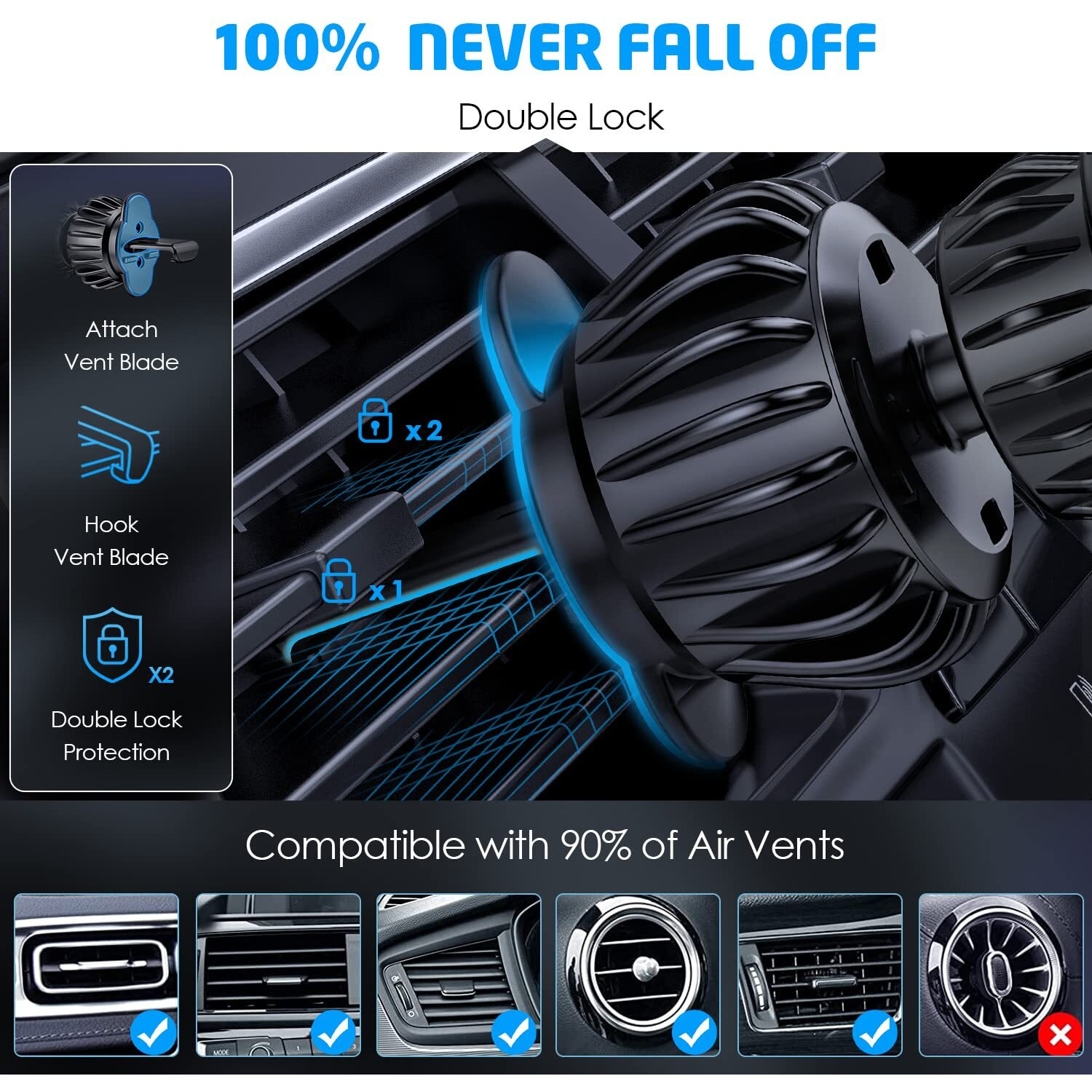 Wixgear Universal Air Vent Phone Holder For Car, Phone Mount For Car For Cell Phones (New Upgraded Vent Locks)