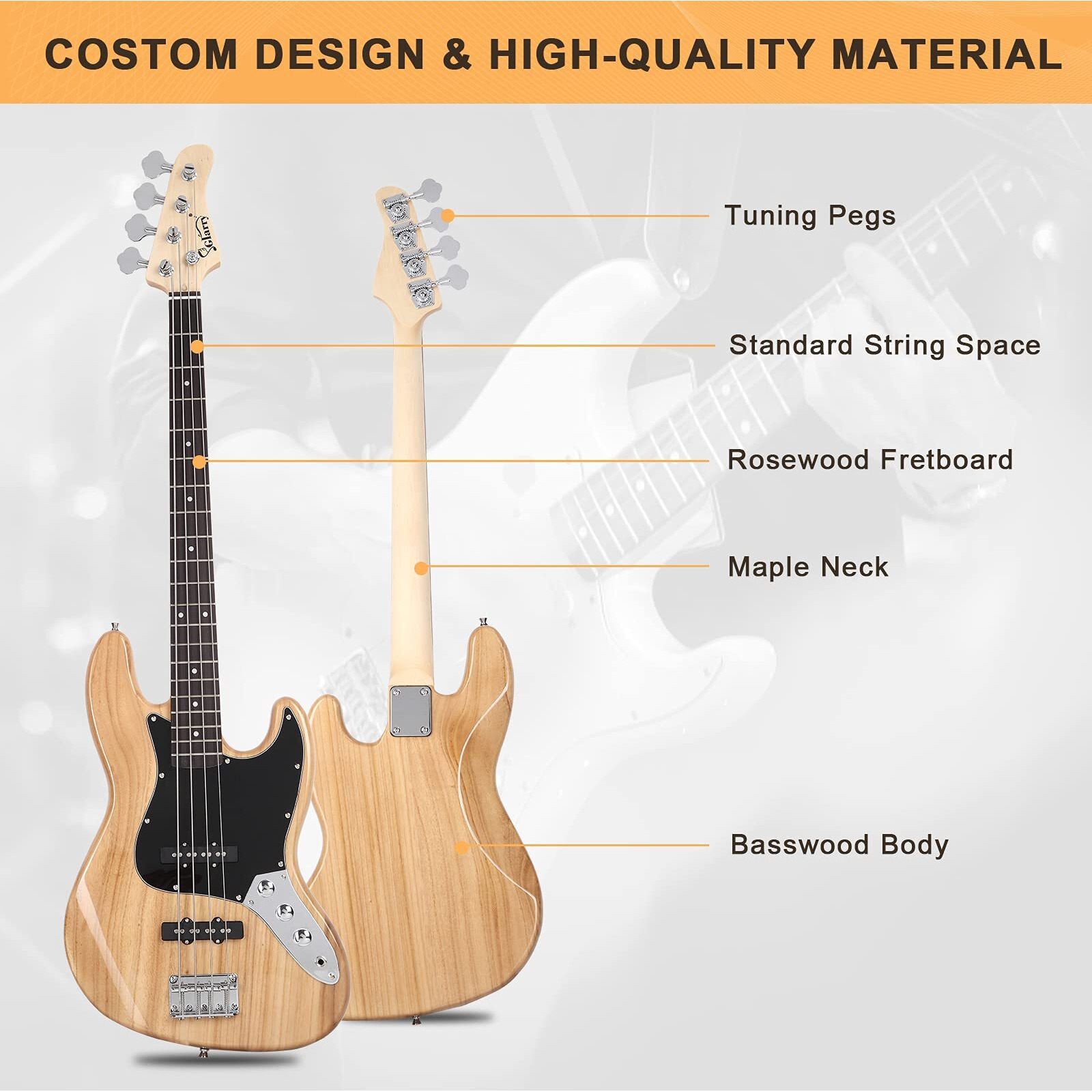 Glarry 4 String Gjazz Electric Bass Guitar Full Size Right Handed With Guitar Bag, Amp Cord And Beginner Kits (Burly Wood)
