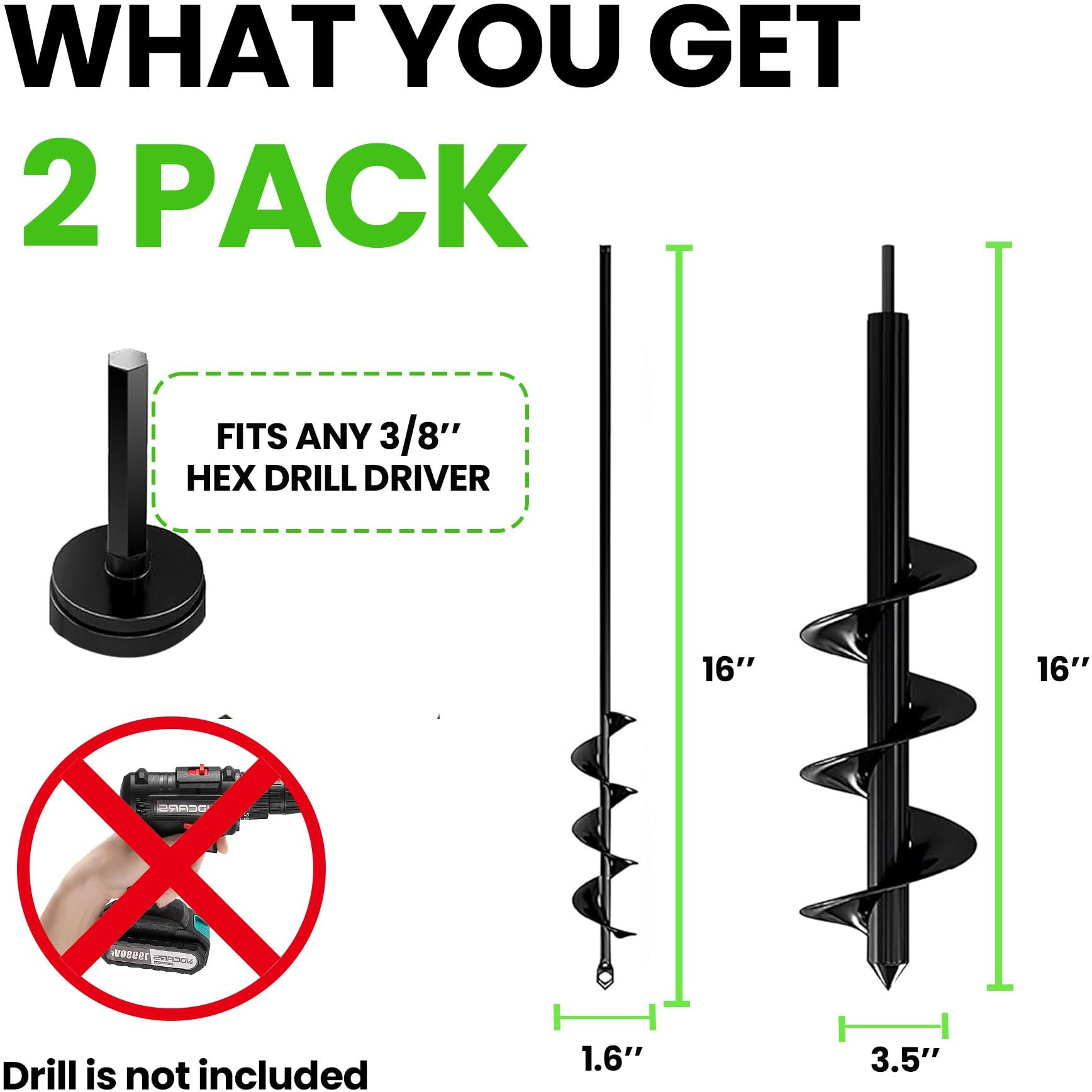 K-Brands Auger Drill Bit For Planting 2 Pack 1.6 X 16 Inch & 3.5 X 16 Inch Set - Garden Spiral Hole And Bulb Planter Tool For Umbrella Holes - Compatible With 3/8 Inch Hex Drive