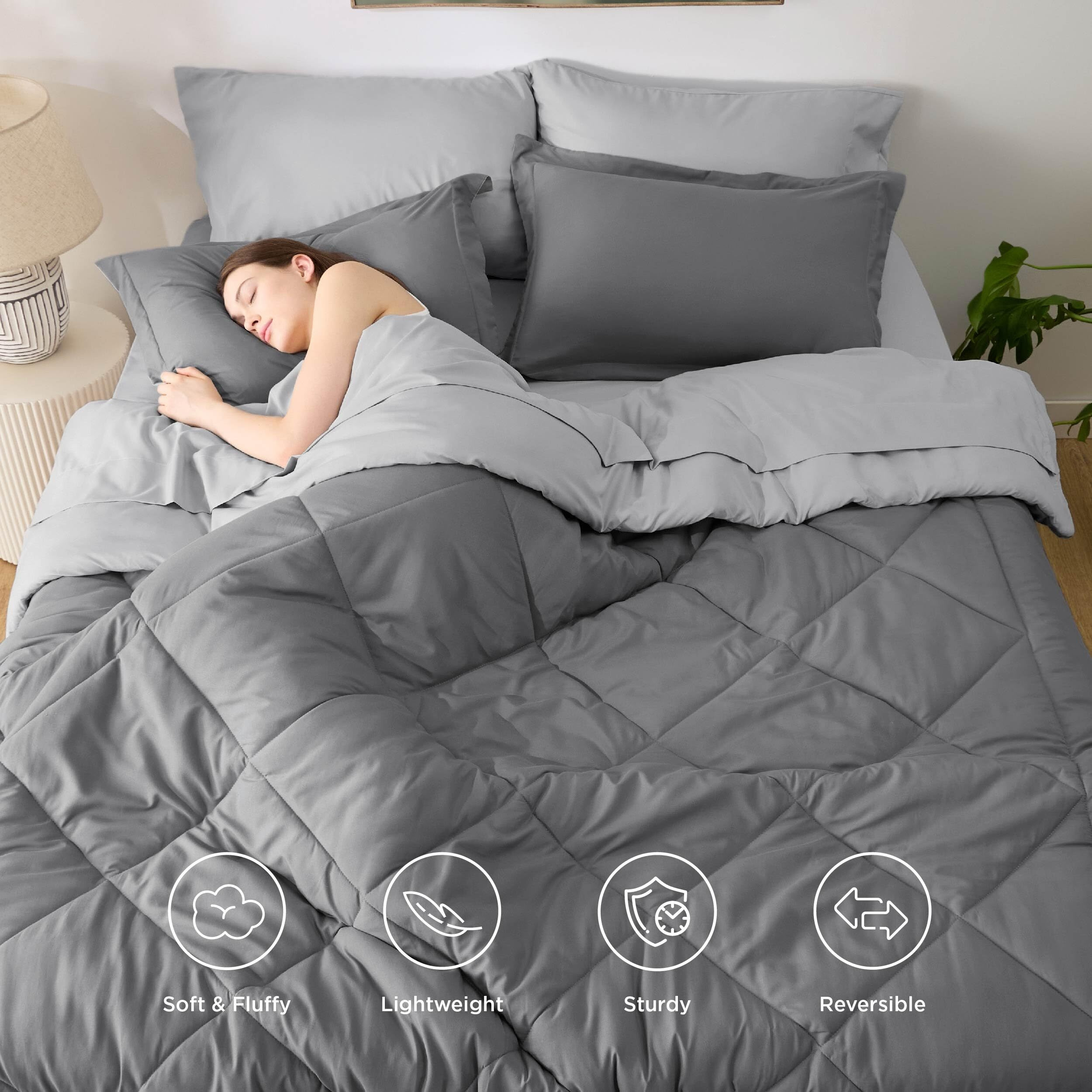 Bedsure Queen Comforter Set - 7 Pieces Reversible Grey Bedding, Queen Size Bed Set For All Seasons, Bed In A Bag With Down Alternative Comforter, Sheets, Pillowcases & Shams