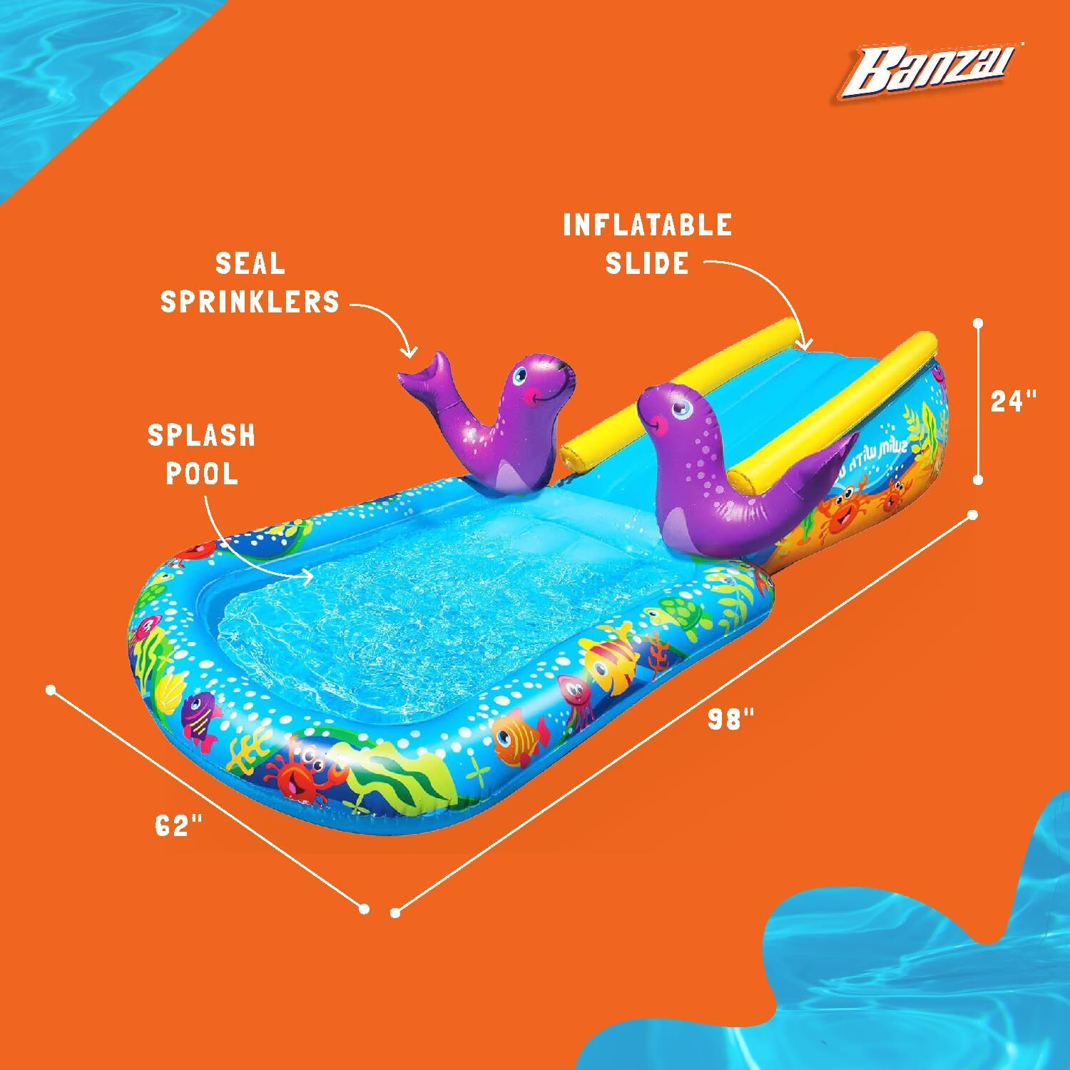 Banzai My First Water Slide And Splash Pool With Sprinkler, 98"" X 59"" X 24"" Inflatable Outdoor Slide And Pool For Kids
