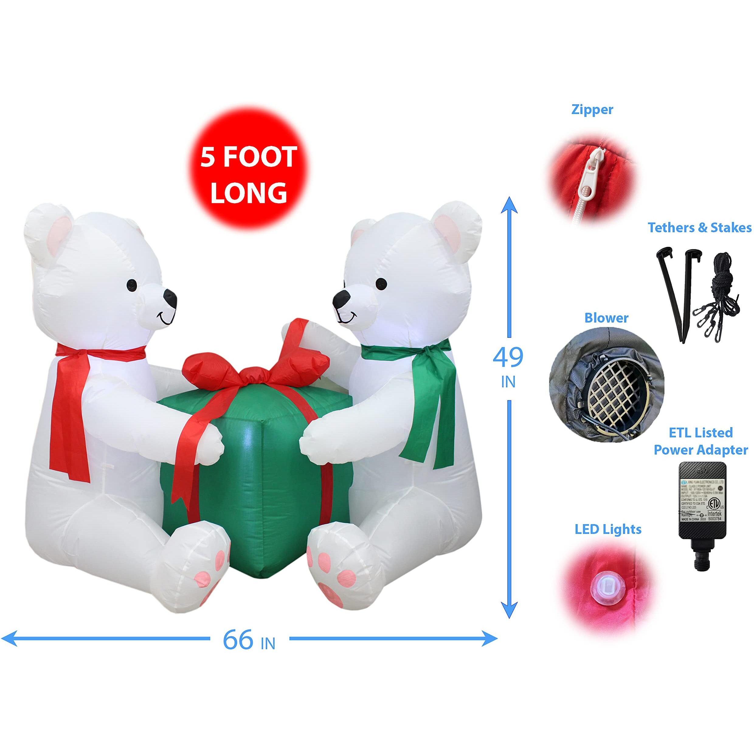 5 Foot Long Christmas Inflatable Two Cute Polar Bears Hug Gift Box Led Lights Decor Outdoor Indoor Holiday Decorations, Blow Up Lighted Yard Decor, Lawn Inflatables Home Family Outside