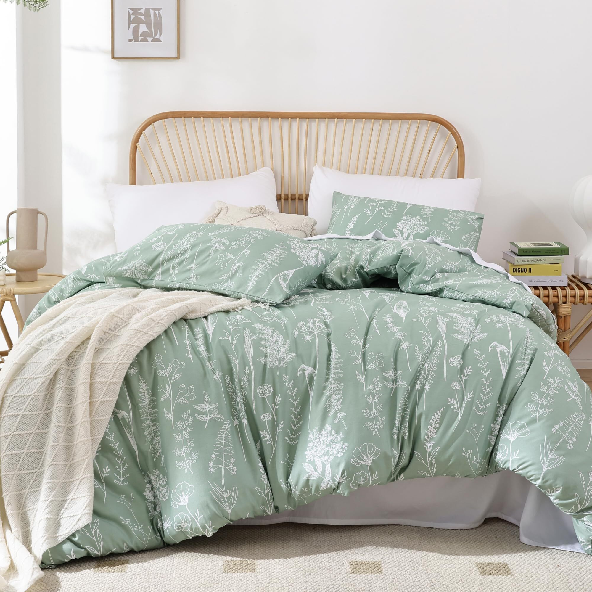 Janzaa Queen Comforter Set Sage Green Comforter Floral Bedding Sets 3 Pieces Flowers Bed Comforter 1 Soft Reversible Cute Botanical With 2 Pillow Shams