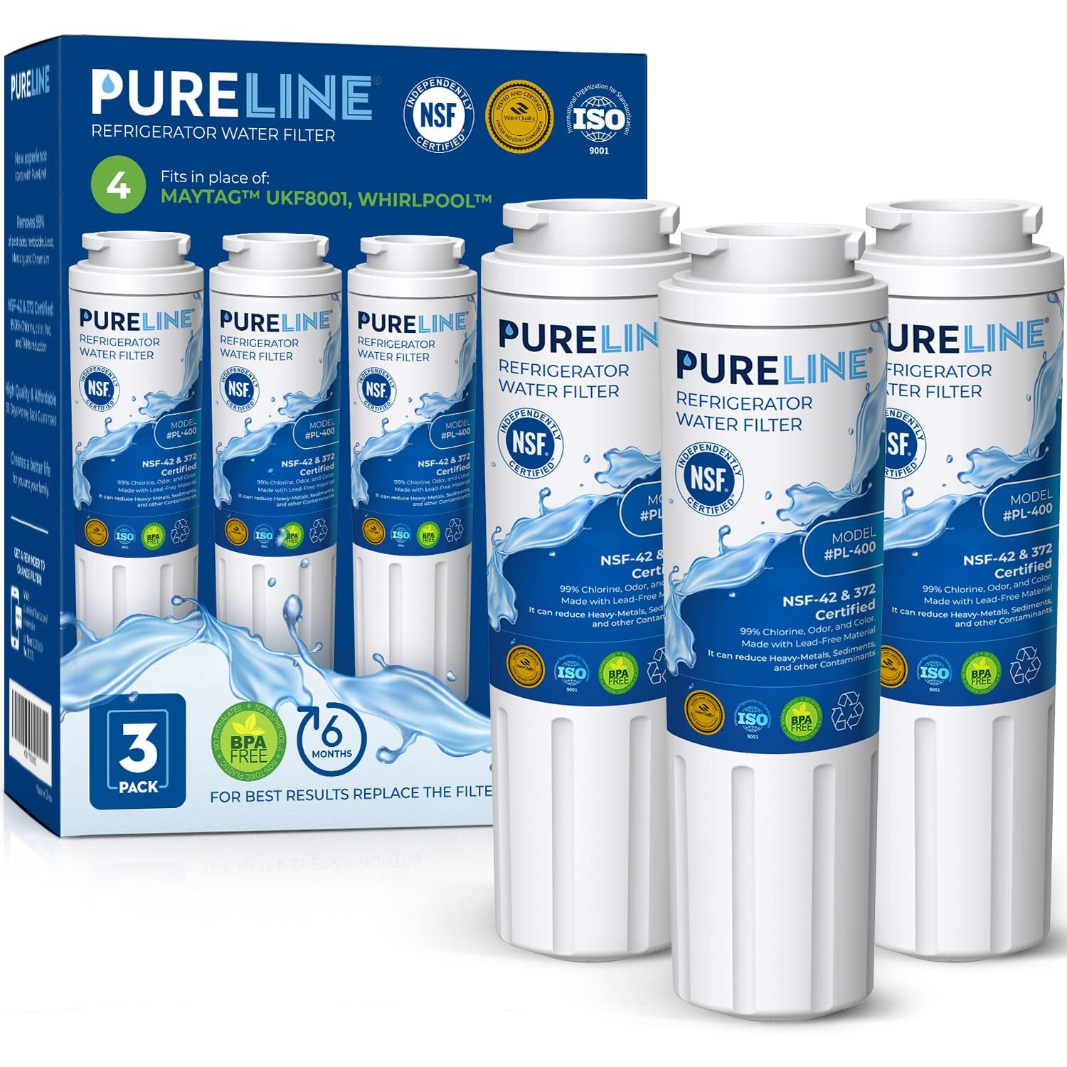 Pureline Ukf8001 Refrigerator Water Filter Replacement, Edr4Rxd1, Everydrop Filter 4, Ukf8001Axx-750, Ukf8001Axx-200, Maytag Ukf8001, Whirlpool Edr4Rxd1, 4396395, Kenmore 9084, 9006, (3 Pack)