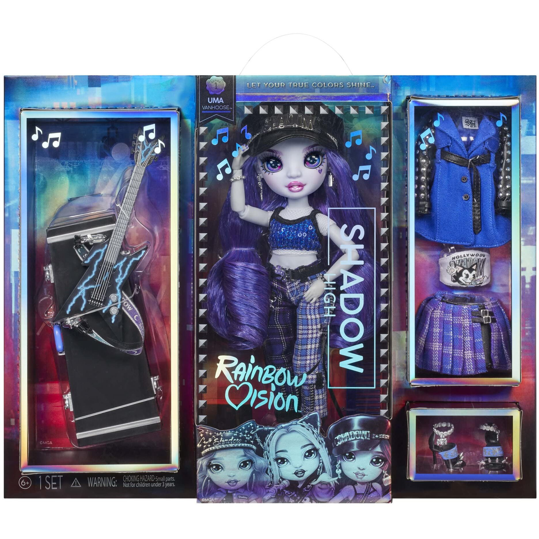 Rainbow High Vision And Neon Shadow-Uma Vanhoose (Neon Blue) Posable Fashion Doll. 2 Designer Outfits To Mix & Match, Rock Band Accessories Playset, Great Toy Gift For Kids 6-12 Years & Collector