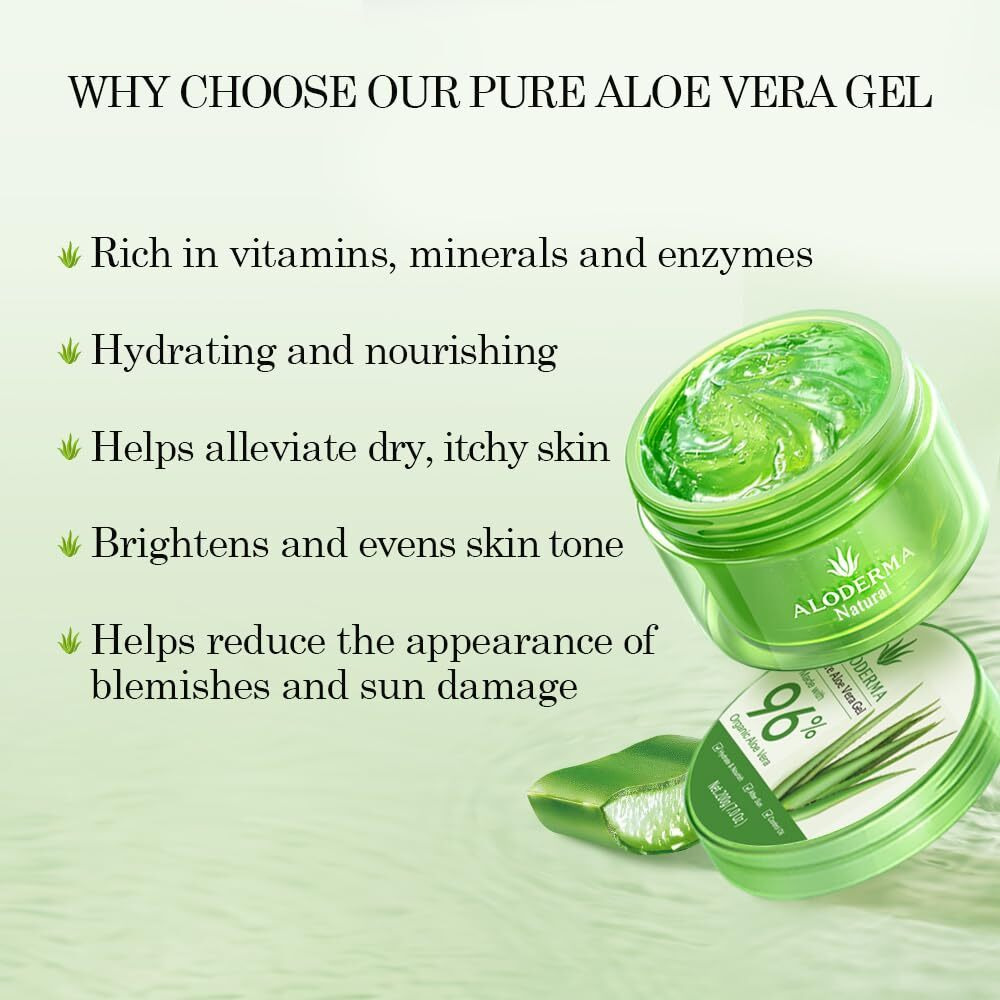 Aloderma Organic Aloe Vera Gel For Face & Body, 96% Pure Aloe Gel Made Within 12 Hours Of Harvest, Ideal For Skin, Scalp, & Hair Hydration, Calming Moisturizer For Soothing After Sun Care Relief, 7Oz