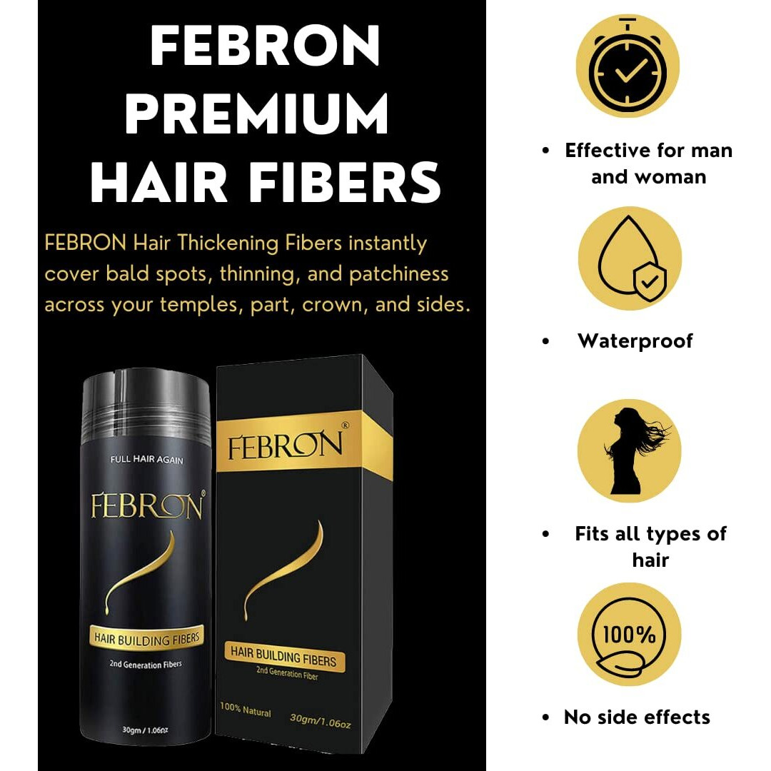 Febron Hair Fibers For Thinning Hair Dark Brown For Women & Men Hair Loss Concealer Hair Powder Volumizing Based 100% Undetectable & Natural - Bald Spots Filler (30 Gram, Dark Brown)