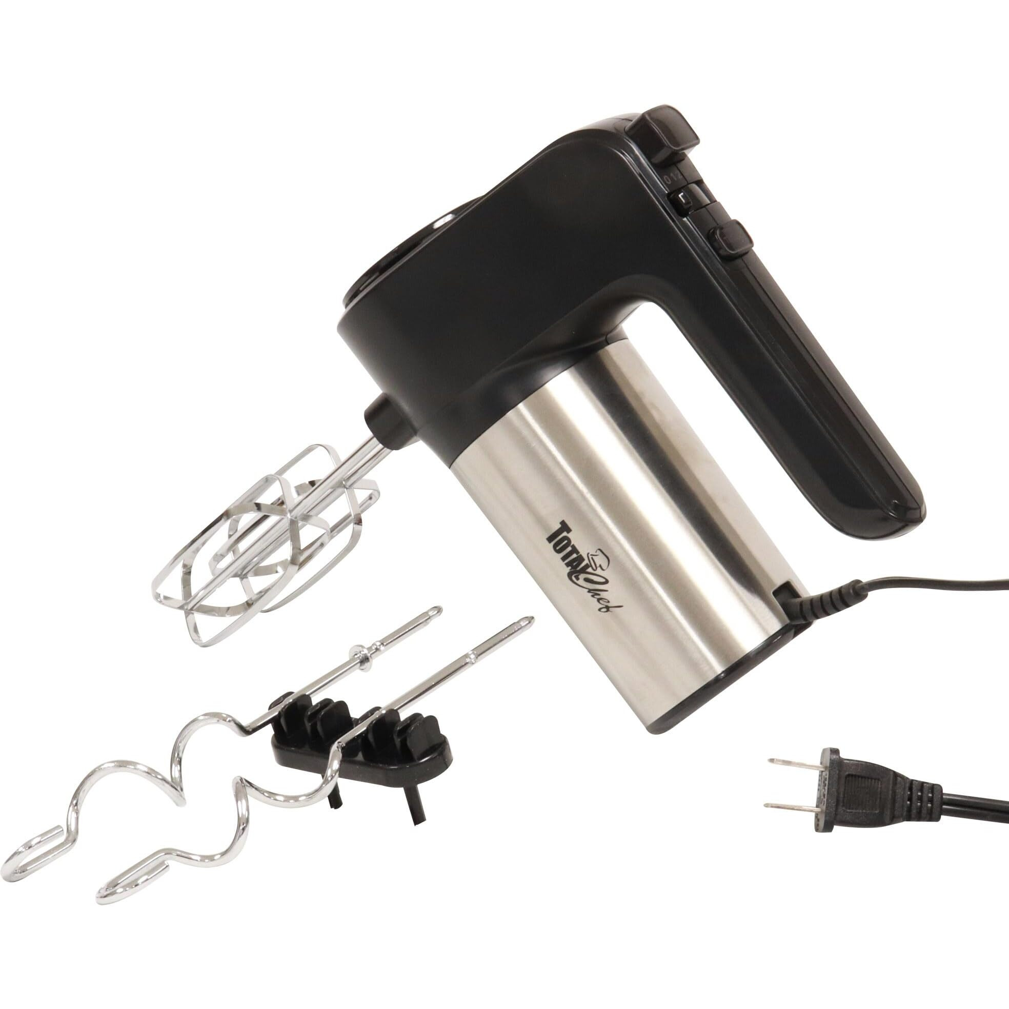 Total Chef 6-Speed Electric Hand Mixer With Stainless Steel Beaters And Dough Hooks Clip-On Storage 250 Watt Motor With Turbo Boost Dishwasher-Safe Accessories Black And Silver