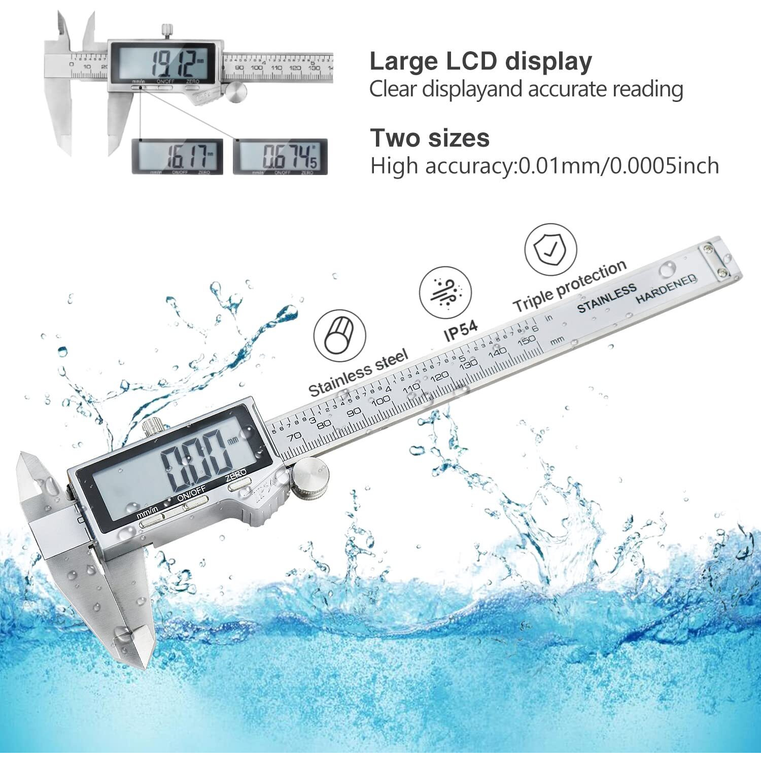 Digital Caliper, Ip54 Waterproof Stainless Steel Caliper Measuring Tool, Vernier Caliper With Huge Lcd Screen, Auto - Off Feature, Inch And Millimeter Conversion (6 Inch /150 Mm)