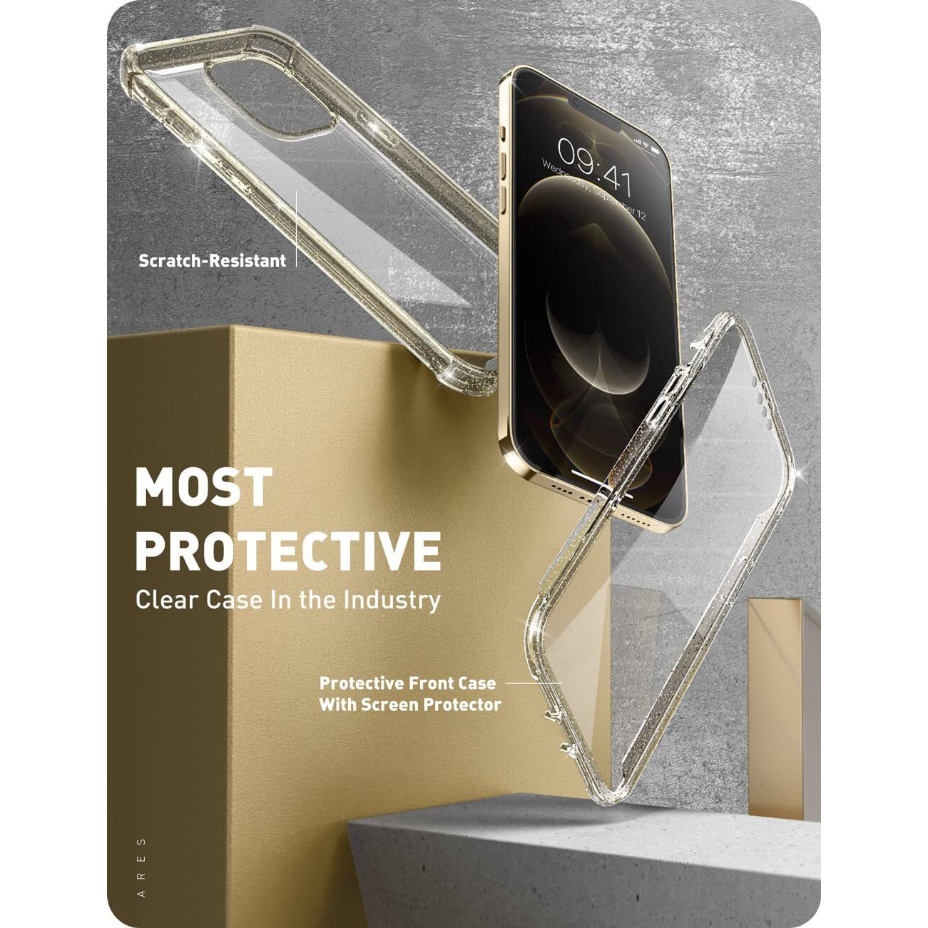 I-Blason Ares For Iphone 13 Pro Max Case 6.7 Inch [Built-In Screen Protector] [Military-Grade Protection] Clear Full-Body Shockproof Rugged Bumper Phone Case For Iphone 13 Pro Max (Gold/Glitter)