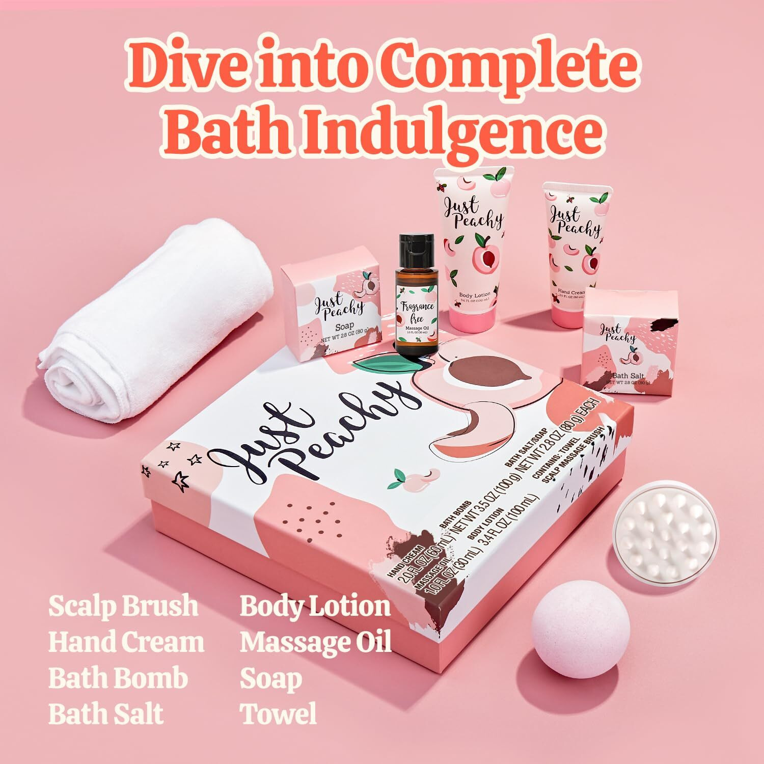 Bfflove Bath Gifts For Women 8Pc Peach Scent Bath Sets For Women Gift Bath And Body Gift Set With Bath Bomb Scentd Candle Bath Set For Women Womens Gifts For Christmas
