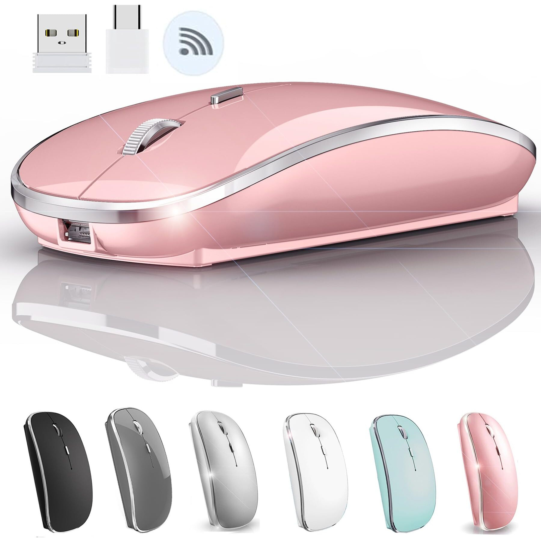 Wireless Mouse For Macbook Pro Macbook Air Macbook Laptop Mac Imac Desktop Computer Chromebook Win7/8/10/11 Pc Hp Dell Laptop 2.4 Usb/Usb C Mouse (Rose Gold)