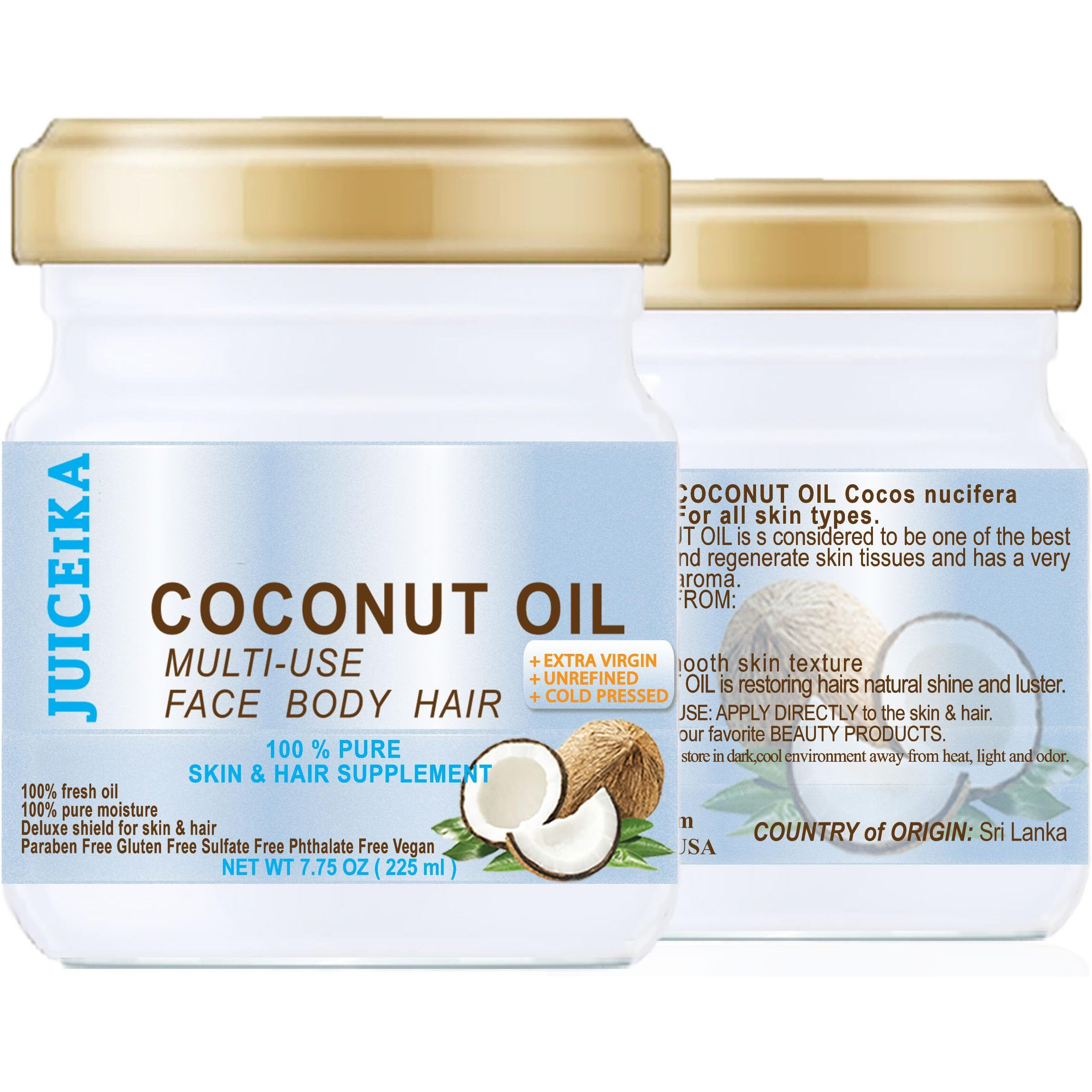 Coconut Oil Pure Extra Virgin Unrefined Cold Pressed 7.75 Fl.Oz 225 Ml For Face, Skin, Hair, Lip, Nails By Juiceika