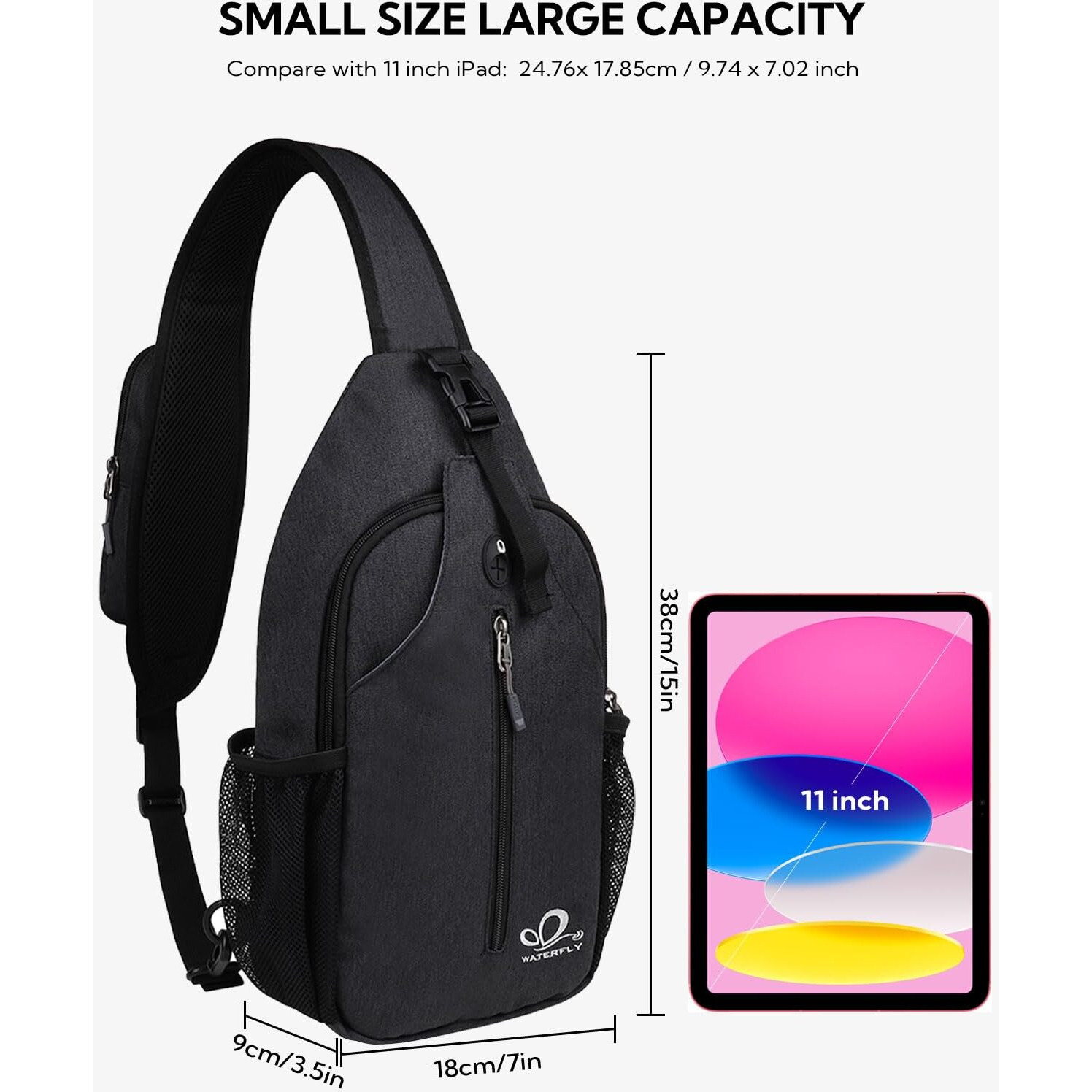 Waterfly Crossbody Sling Backpack Sling Bag Travel Hiking Chest Bag Daypack (Black)