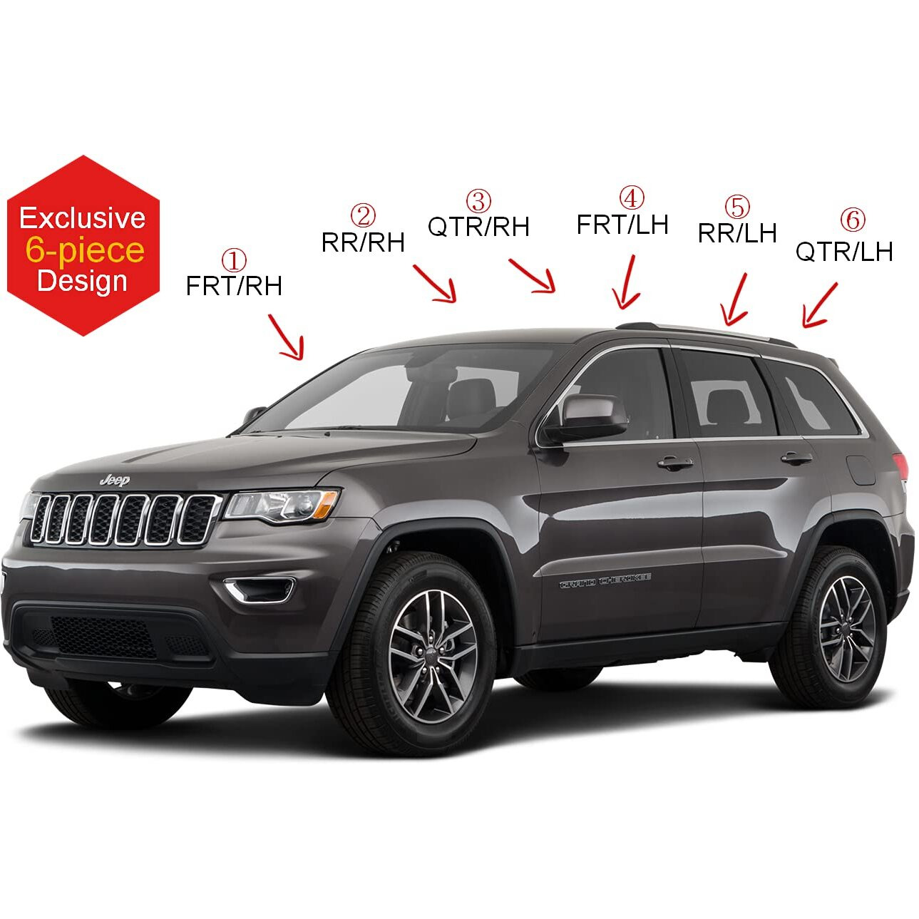 Autoclover Tape-On Rain Guards Window Visors 6 Pcs Set For Jeep Grand Cherokee 2014 2015 2016 2017 2018 2019 2020 2021 / Window Deflectors, Out-Channel Vent Shades (Chrome)