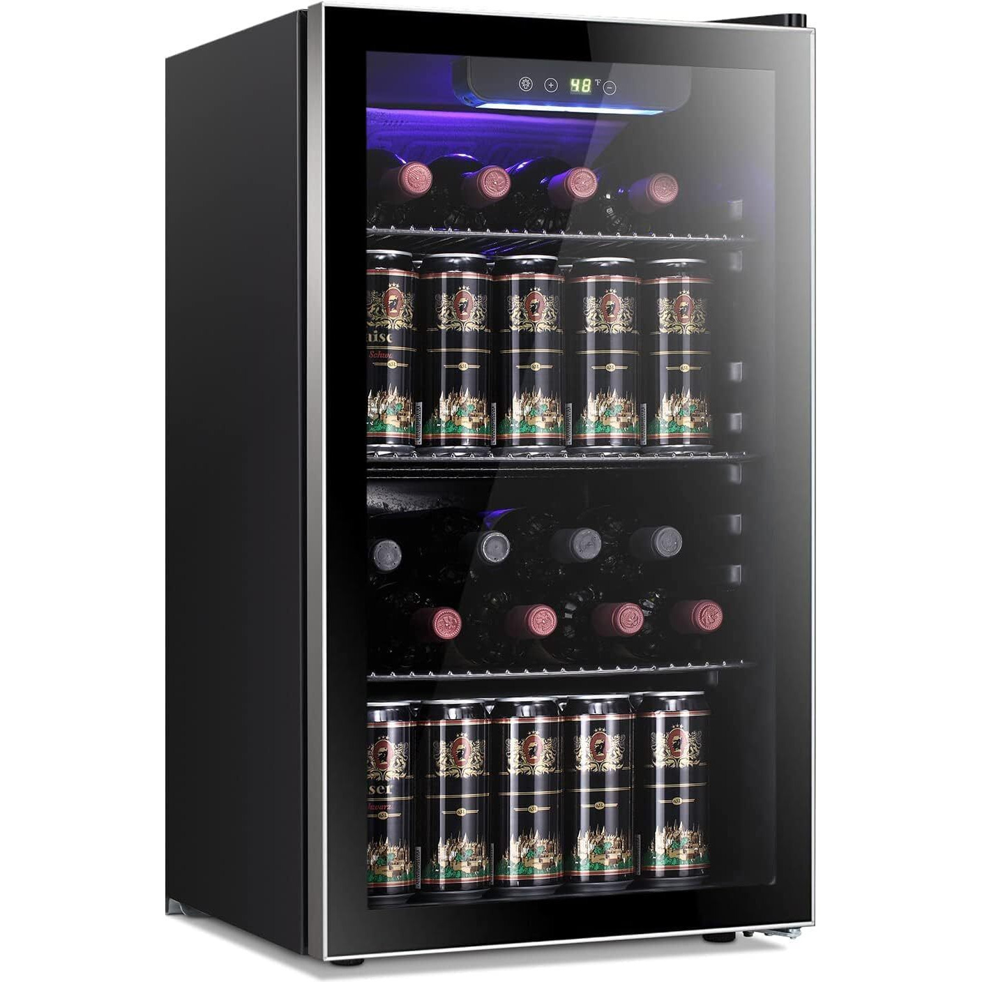 Antarctic Star 26 Bottle 130 Can Wine Cooler/Cabinet Beverage Refrigerator Mini Wine Cellar Beer Soda Clear Glass Door Bar Fridge Quiet Compressor Adjust Temp Freestanding Indoor Use 3.2Cu.Ft Black