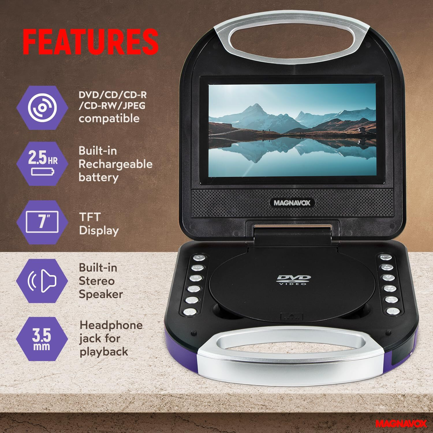 Magnavox Mtft750-Pl Portable 7 Inch Tft Dvd/Cd Player With Remote Control And Car Adapter In Purple | Rechargeable Battery | Headphone Jack | Built-In Speakers |