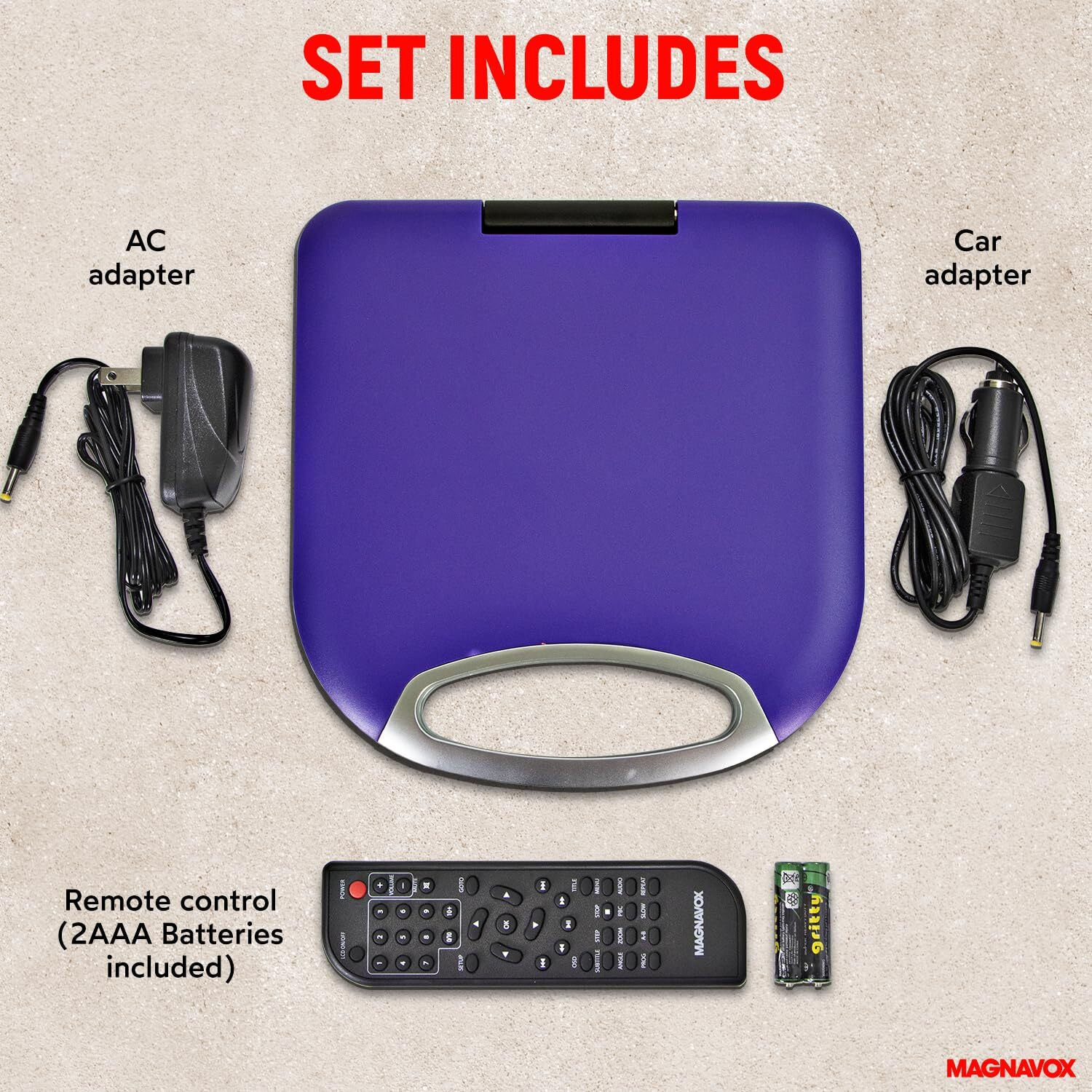 Magnavox Mtft750-Pl Portable 7 Inch Tft Dvd/Cd Player With Remote Control And Car Adapter In Purple | Rechargeable Battery | Headphone Jack | Built-In Speakers |